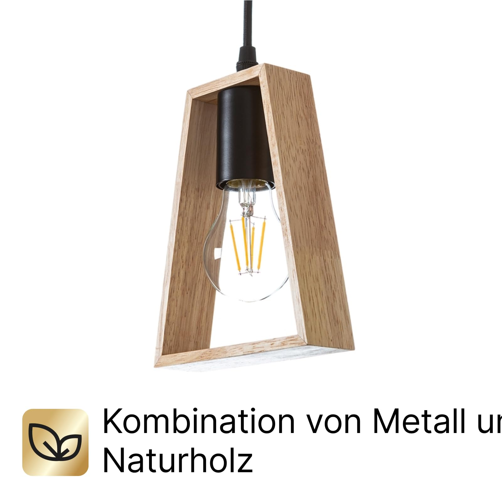 Eine Pendelleuchte mit Holzrahmen und sichtbarer Glühbirne.
