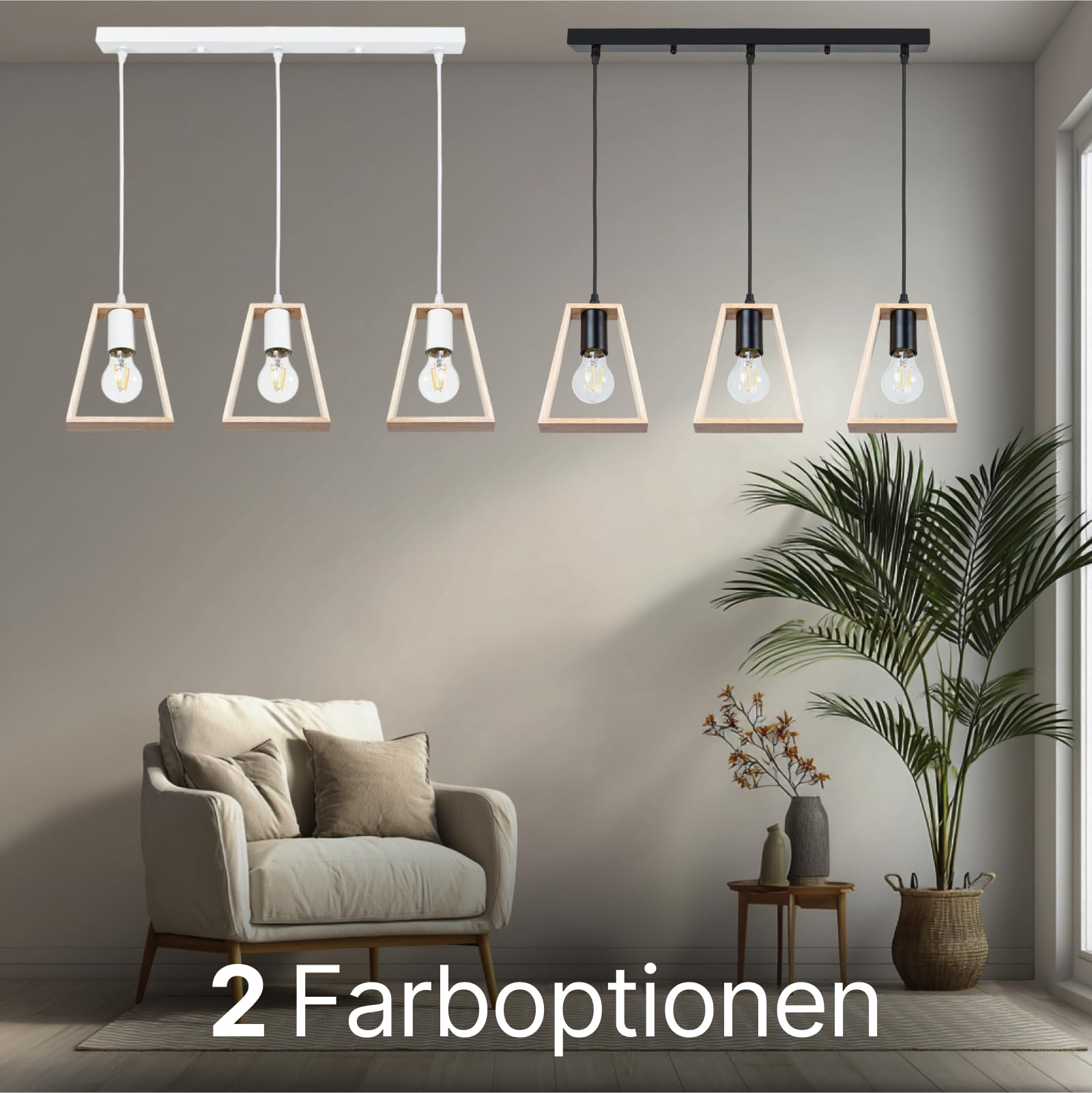 Zwei Lampen mit Holzrahmen über einem Sessel und einer Pflanze.
