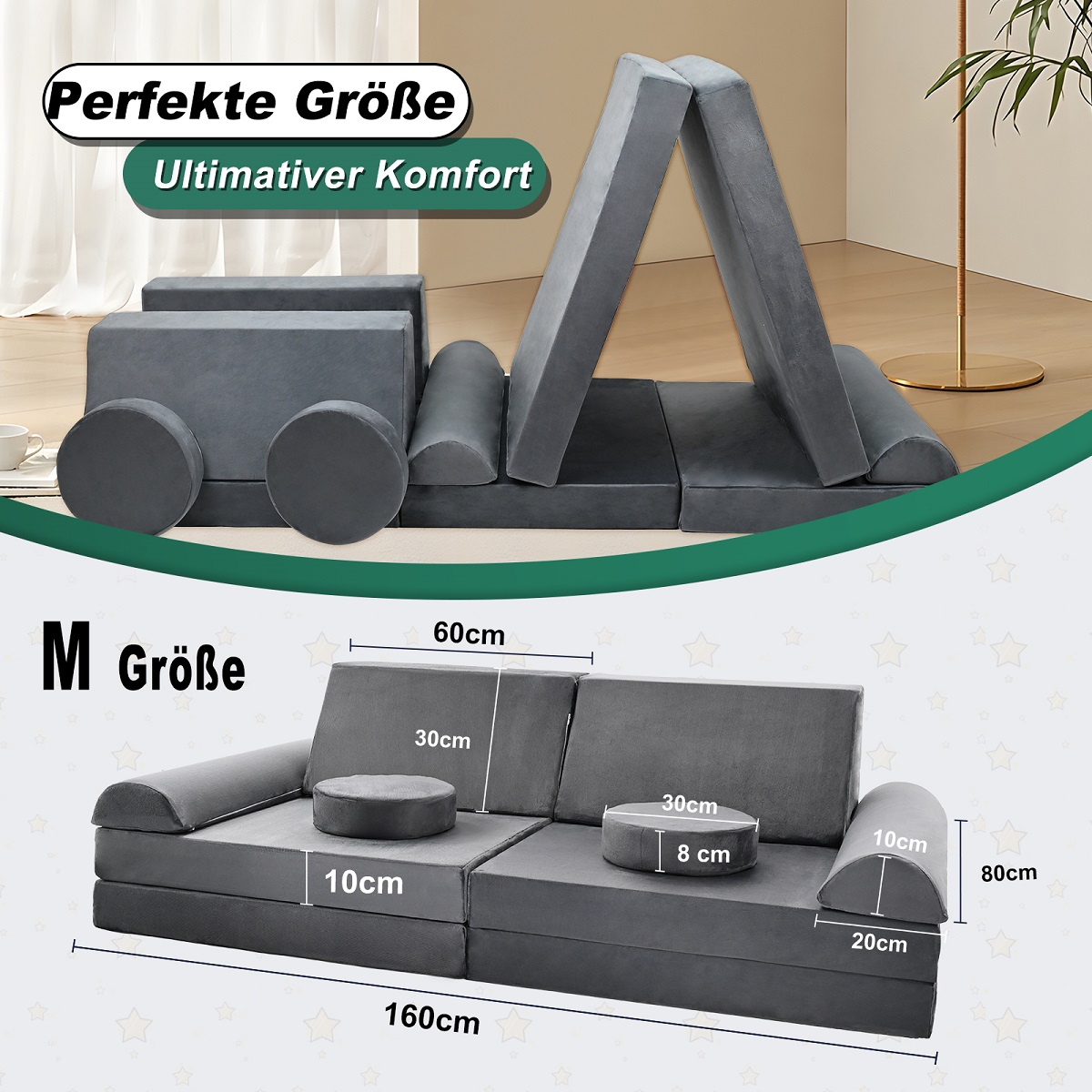Graue modulare Schaumstoffmöbel in verschiedenen Konfigurationen mit Maßen.