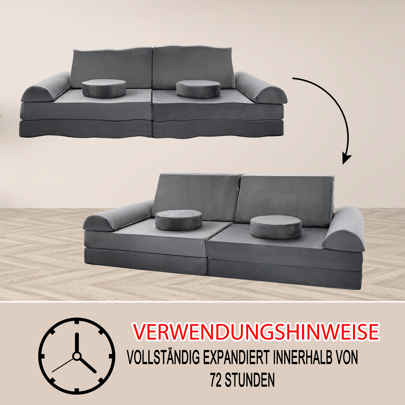 Grauer Modulsofa-Aufbau mit runden Kissen, daneben zwei Ansichten mit Pfeil.