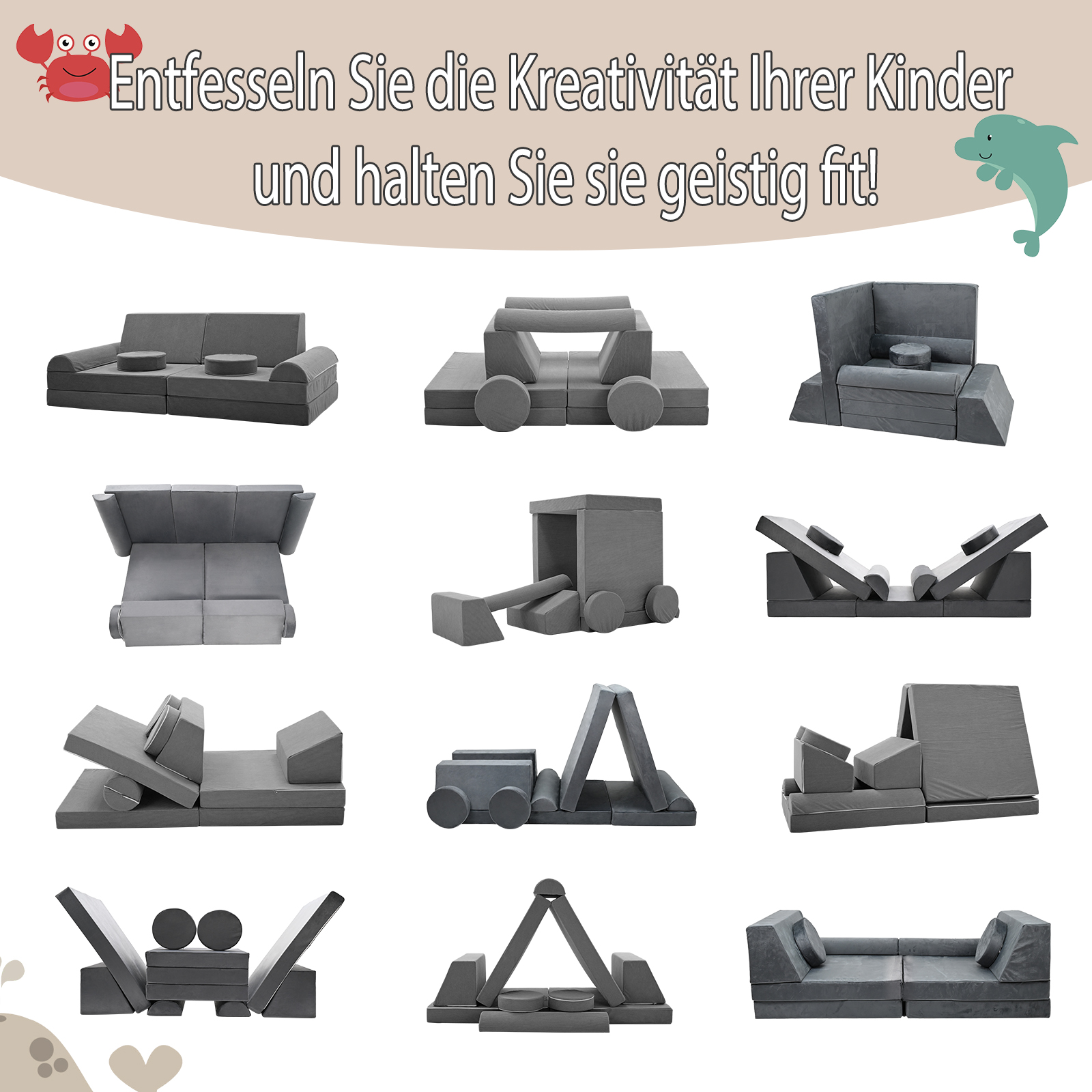 Graue Schaumstoff-Bausteine in verschiedenen Formen, darunter Sofas, Autos und Bagger.