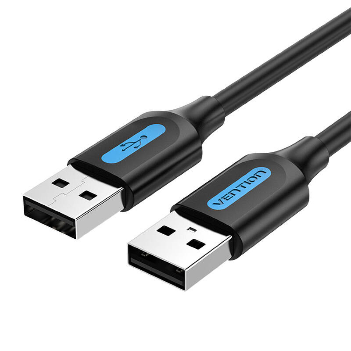 Due cavi USB neri con loghi VENTION blu e simboli USB su sfondo bianco.