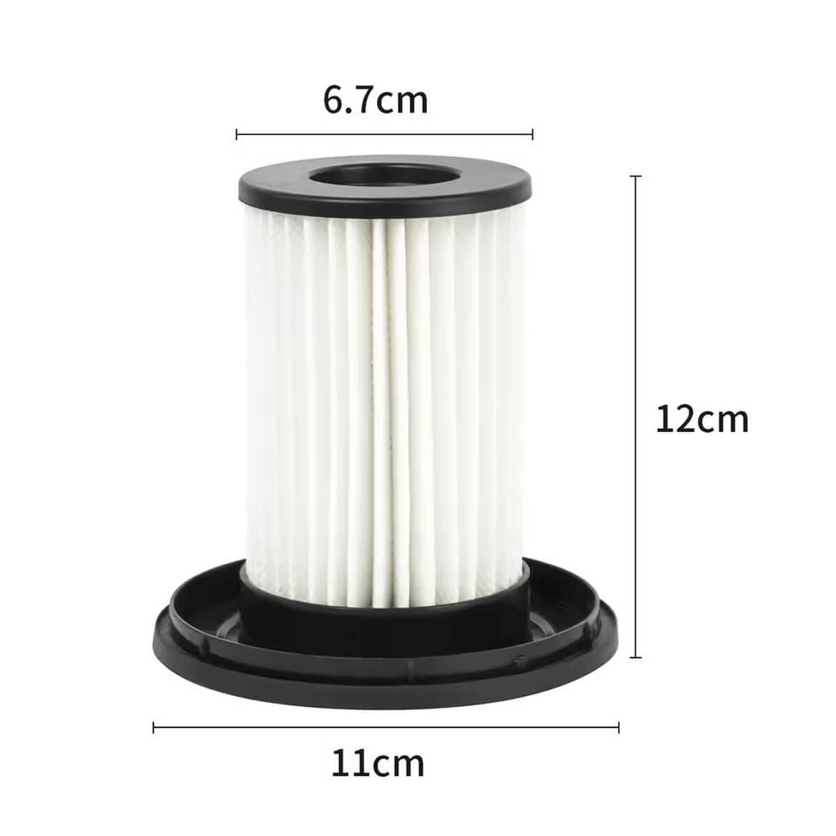 Ein weißer Filter mit schwarzen Endkappen, 12 cm hoch.