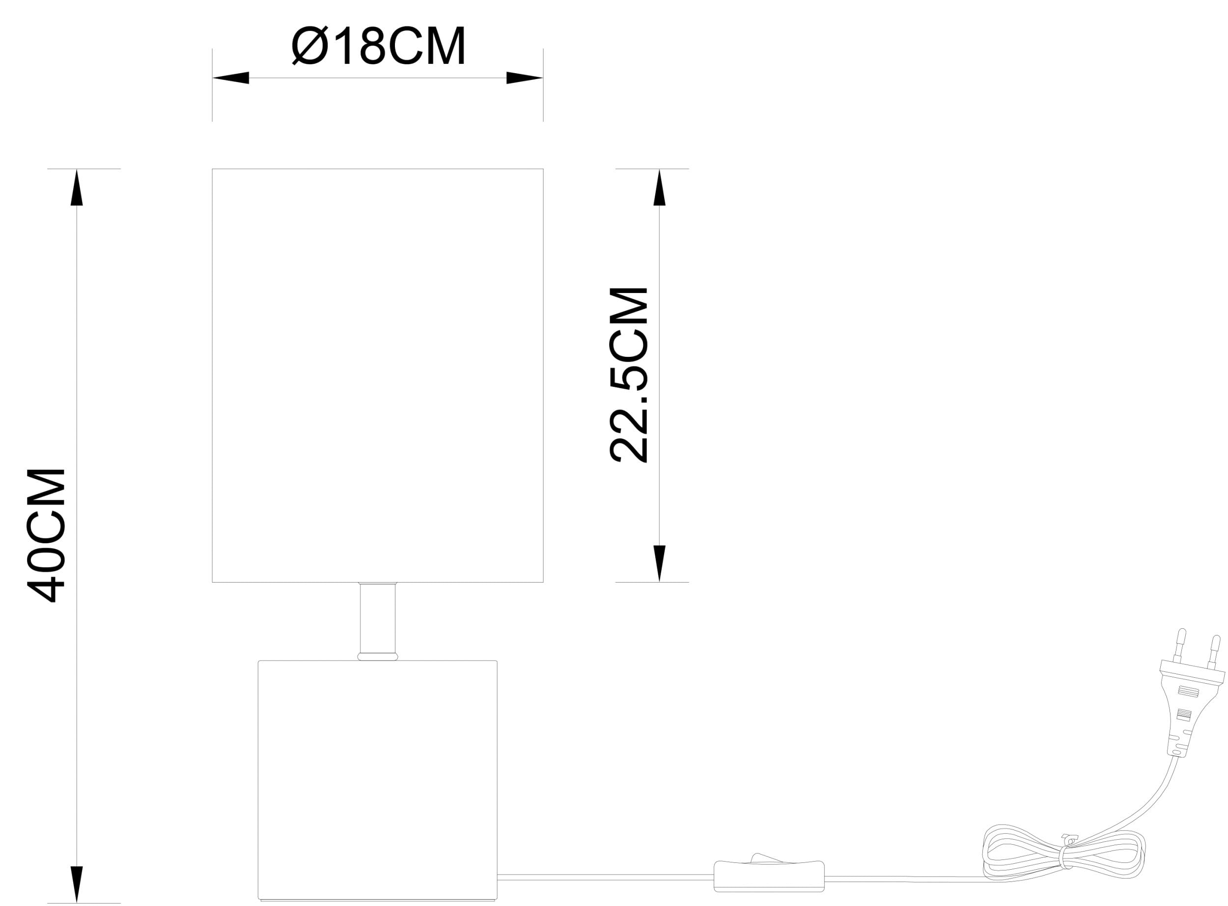 Zeichnung einer Lampe mit Maßen: 40cm Höhe, 18cm Durchmesser, 22,5cm Schirmhöhe.