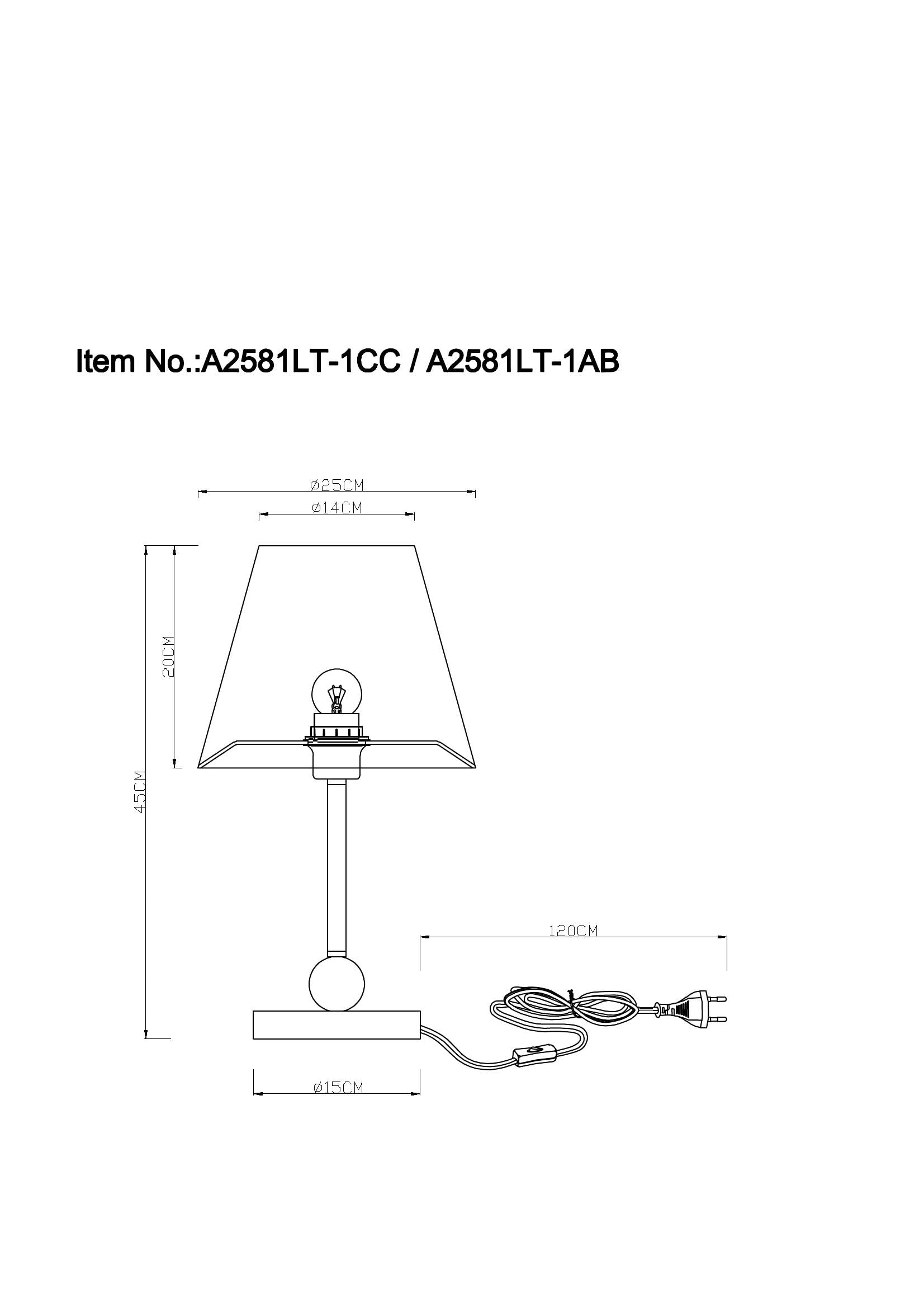 Technische Zeichnung einer Tischlampe mit Maßen für Schirm, Sockel und Kabel.