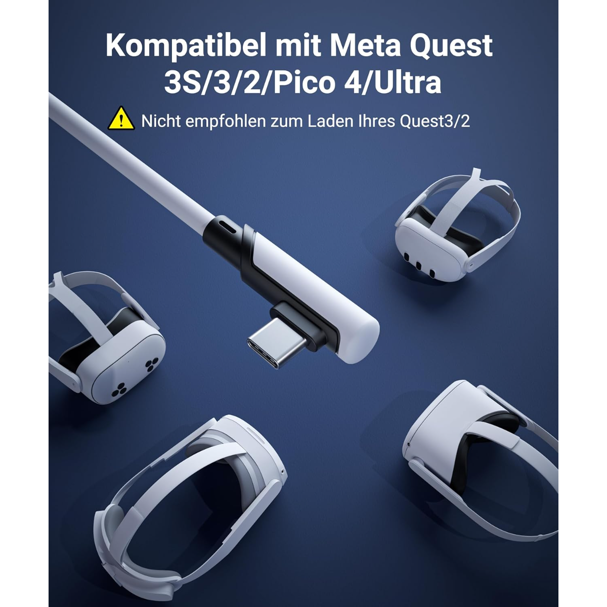 Un cable USB-C blanco con auriculares VR sobre fondo azul.