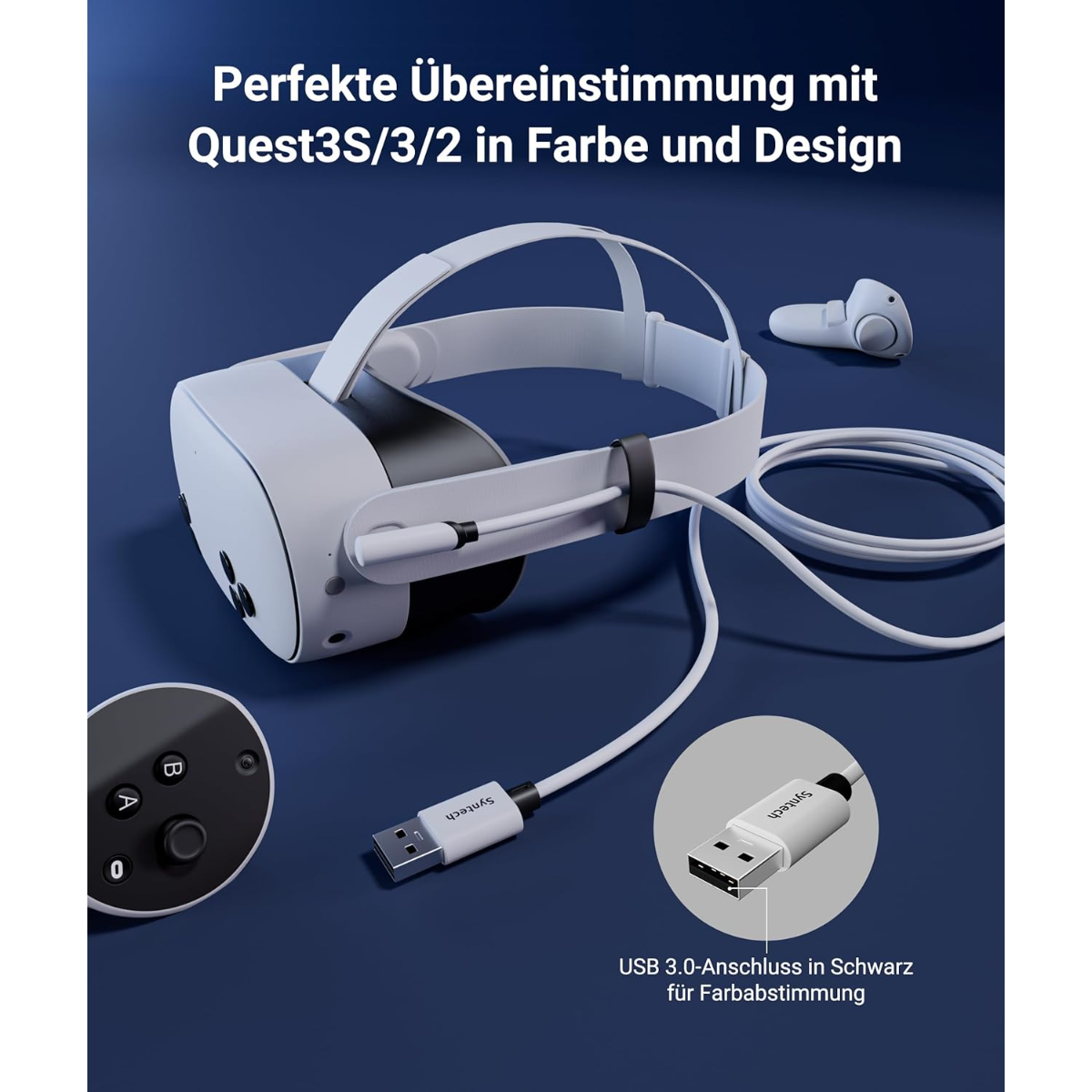 Unas gafas VR blancas con cable, mando y conector USB sobre fondo azul.