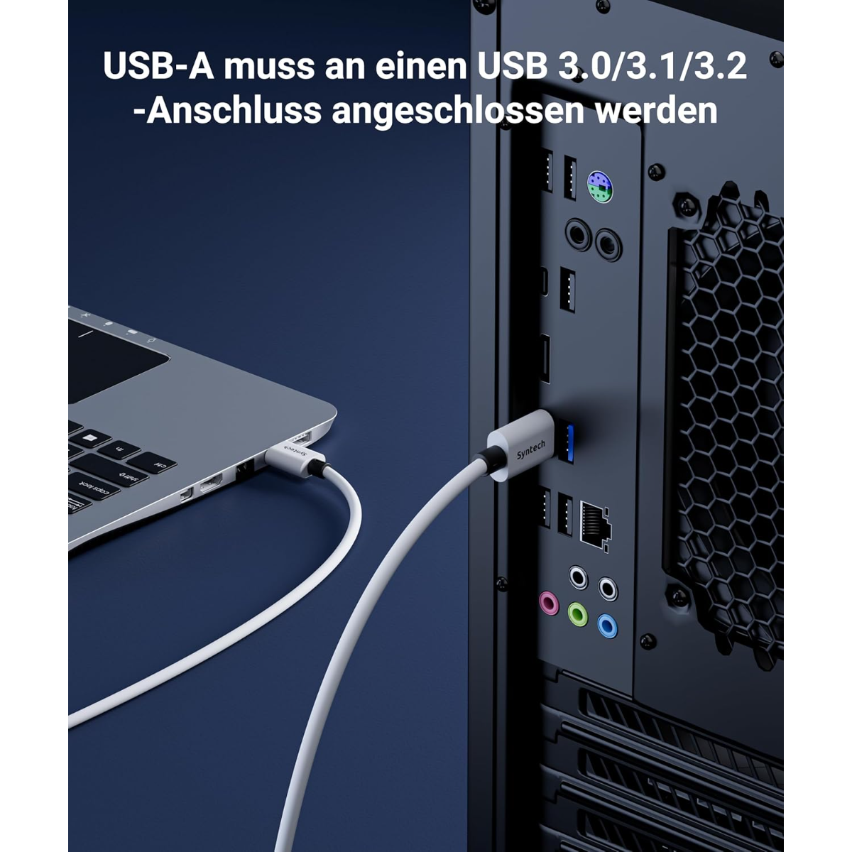 Un cable USB-A blanco conecta un portátil a la carcasa de un ordenador.