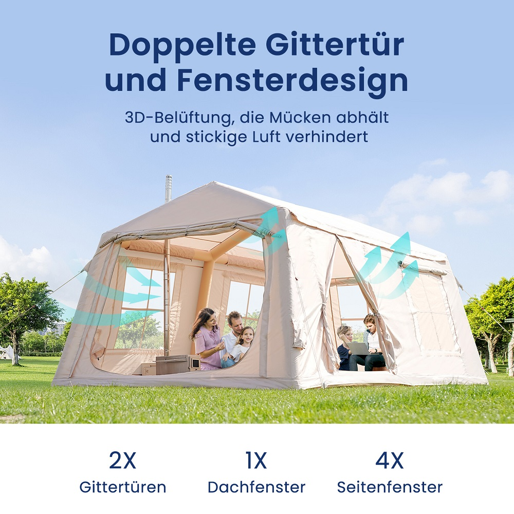 Großes, helles Zelt mit Fenstern und Türen für Belüftung. Familien drinnen.