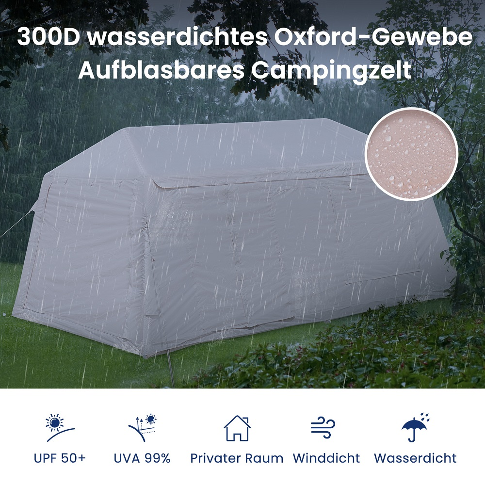 Ein hellgraues, aufblasbares Campingzelt bei Regen. Mit Symbolen für UV-Schutz, Wind- und Wasserdichtigkeit.