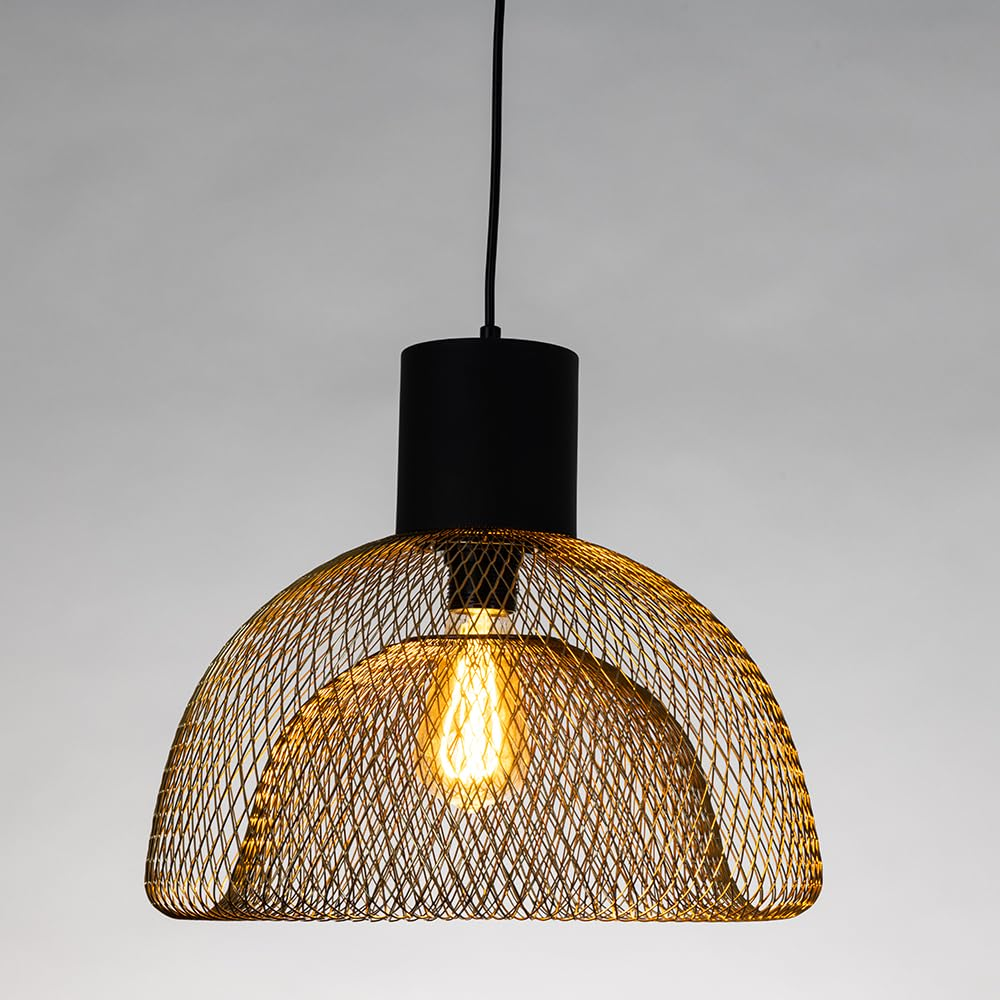 Eine goldene Drahtlampe mit schwarzem Zylinder und Glühbirne.
