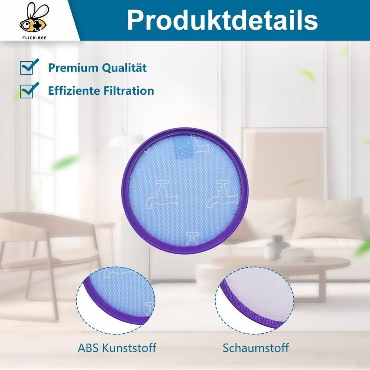 Ein violetter Staubsaugerfilter mit blauen Mustern auf hellem Hintergrund.