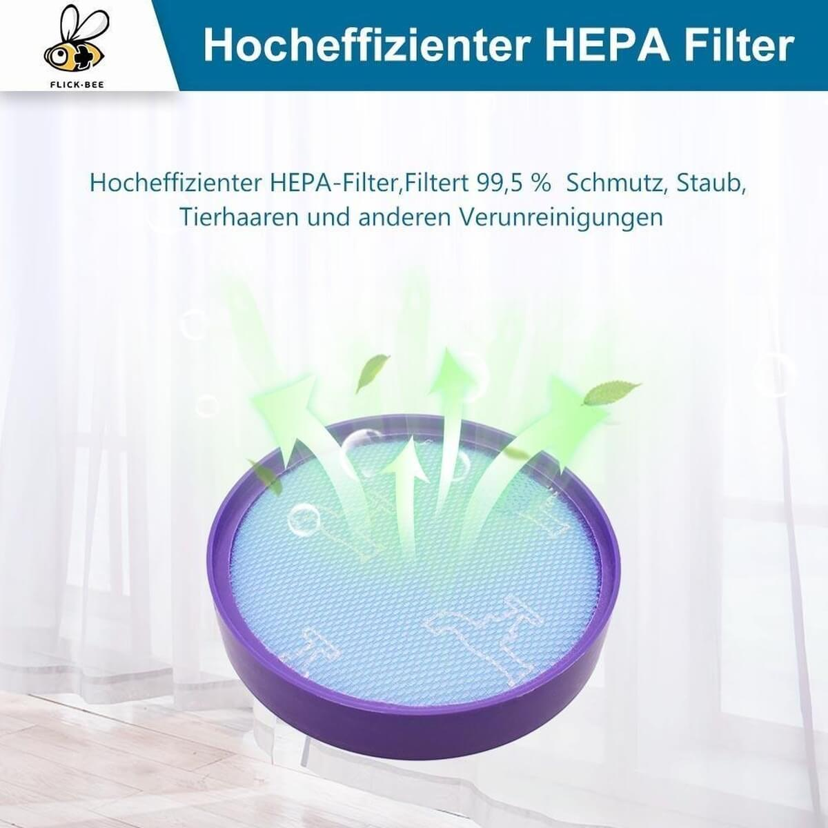 Ein violetter HEPA-Filter mit grünen Pfeilen, die Luftreinigung symbolisieren.