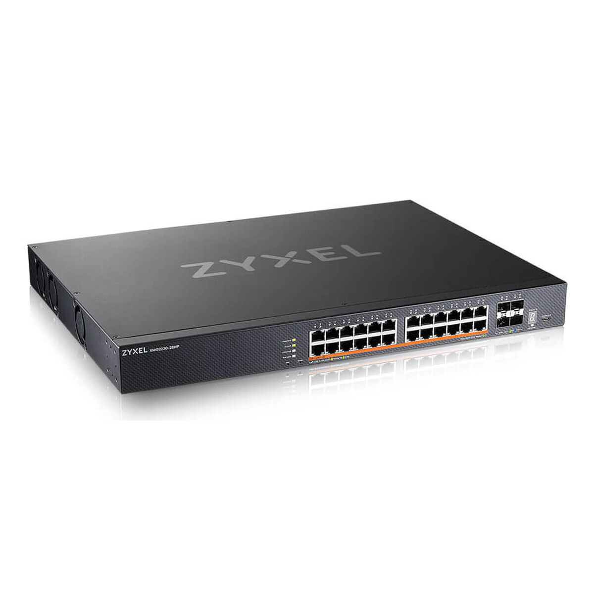 Ein schwarzer Zyxel Netzwerk-Switch mit 24 Ports auf weißem Hintergrund.