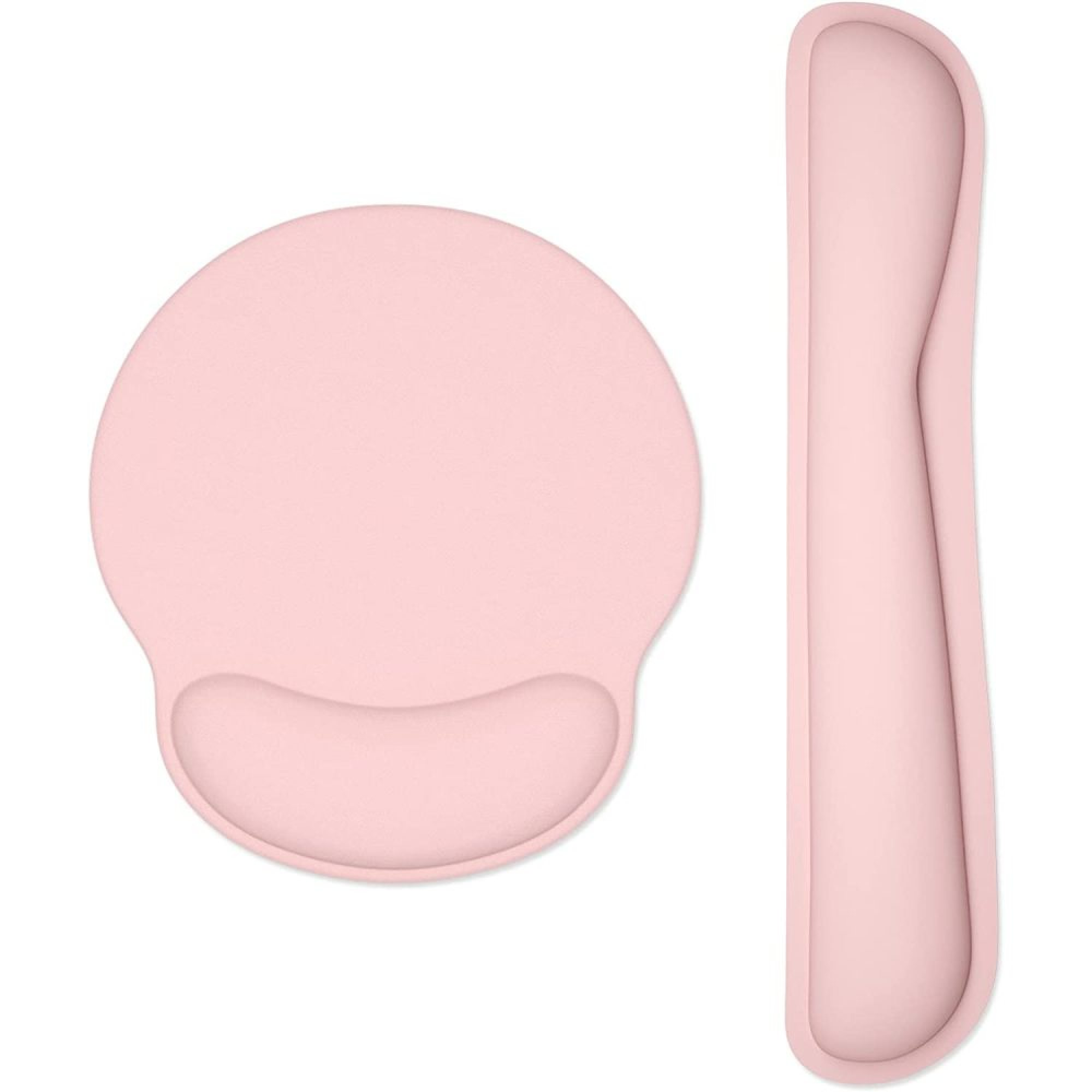 Zwei rosafarbene ergonomische Handgelenkauflagen, eine rund, die andere rechteckig.