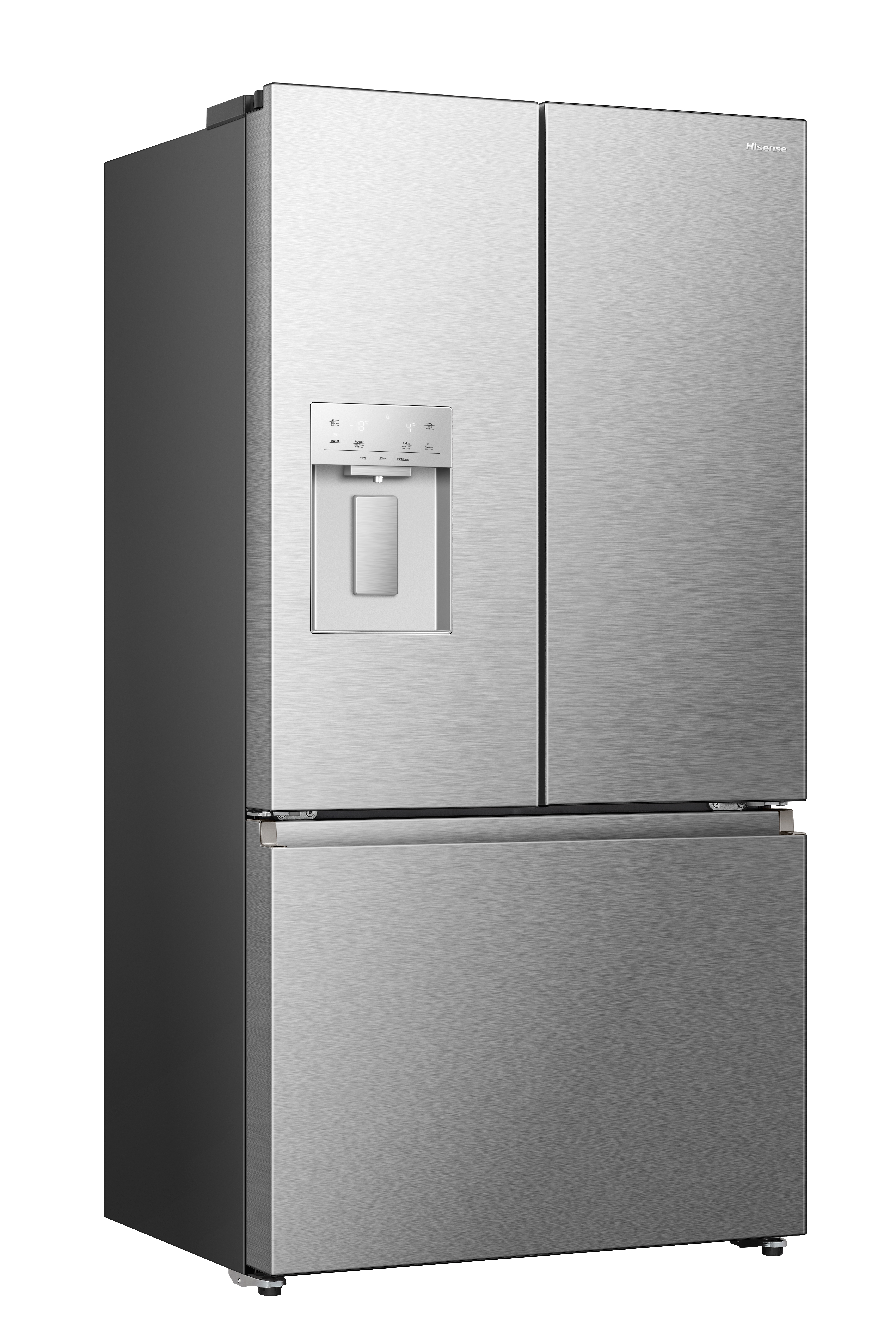 Ein silberner Kühlschrank mit drei Türen und Wasserspender.