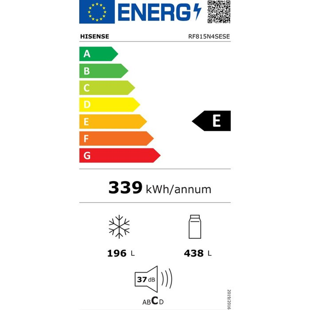 Energieeffizienzlabel Klasse E für Hisense RF815N4SESE mit 339 kWh/Jahr, 196L Gefrierfach, 438L Kühlfach.