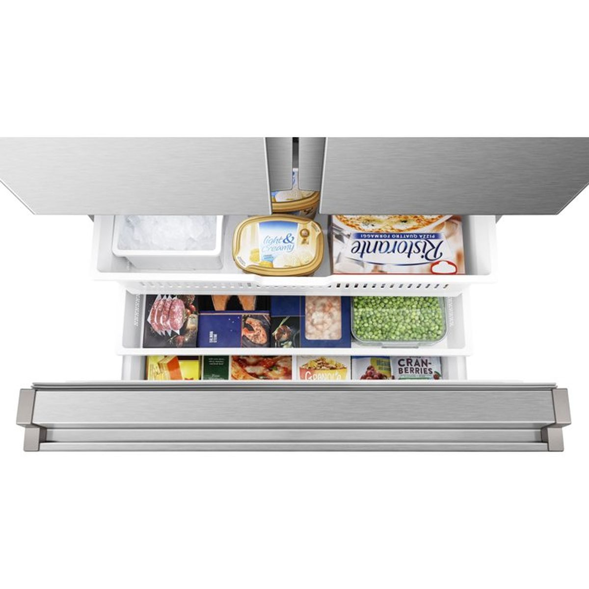 Gefrierschrank mit Eis, Eiscreme, Pizza und gefrorenem Gemüse.