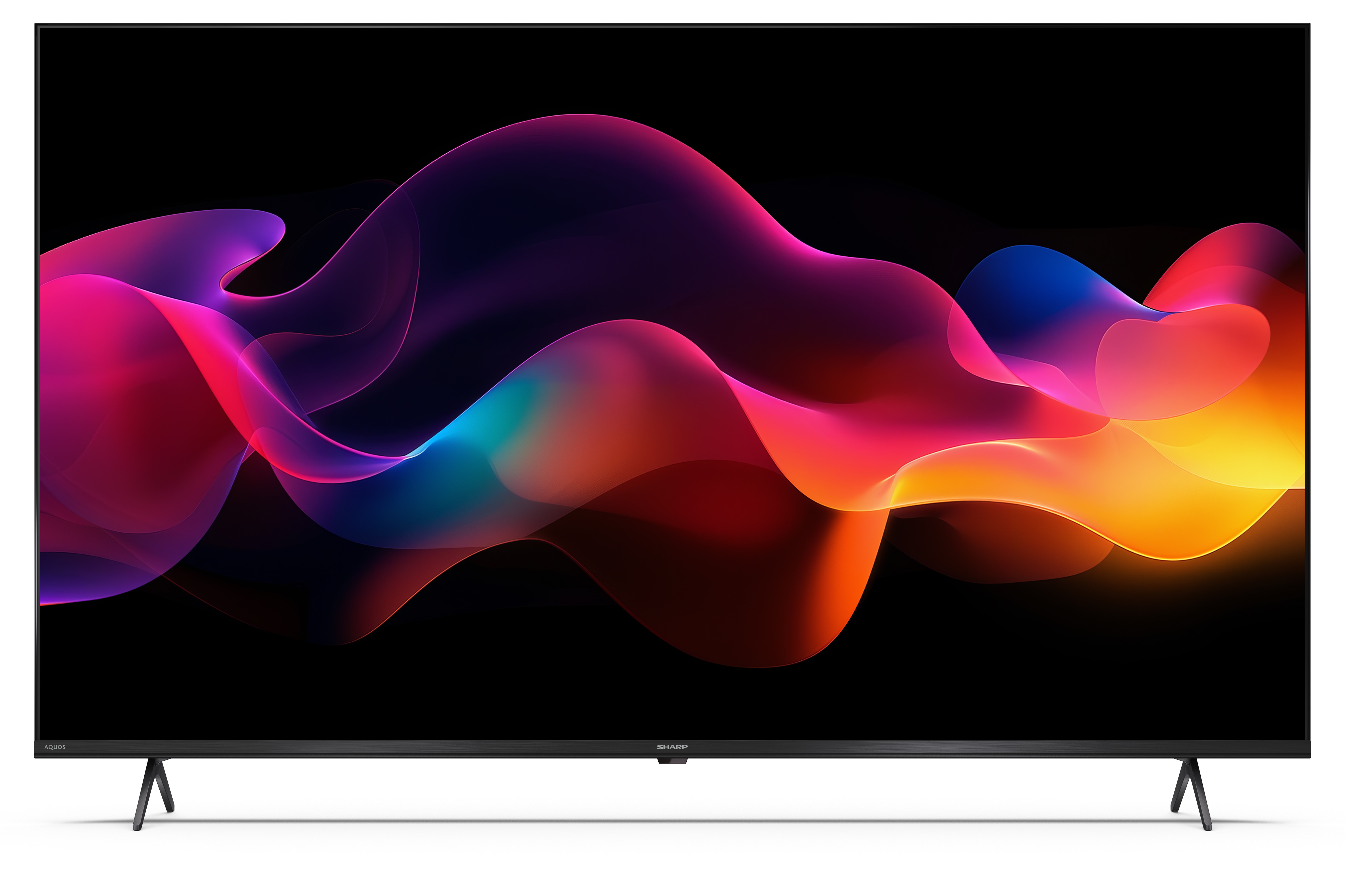 Ein schwarzer Fernseher mit einem bunten, abstrakten Wellenmuster auf dem Bildschirm.