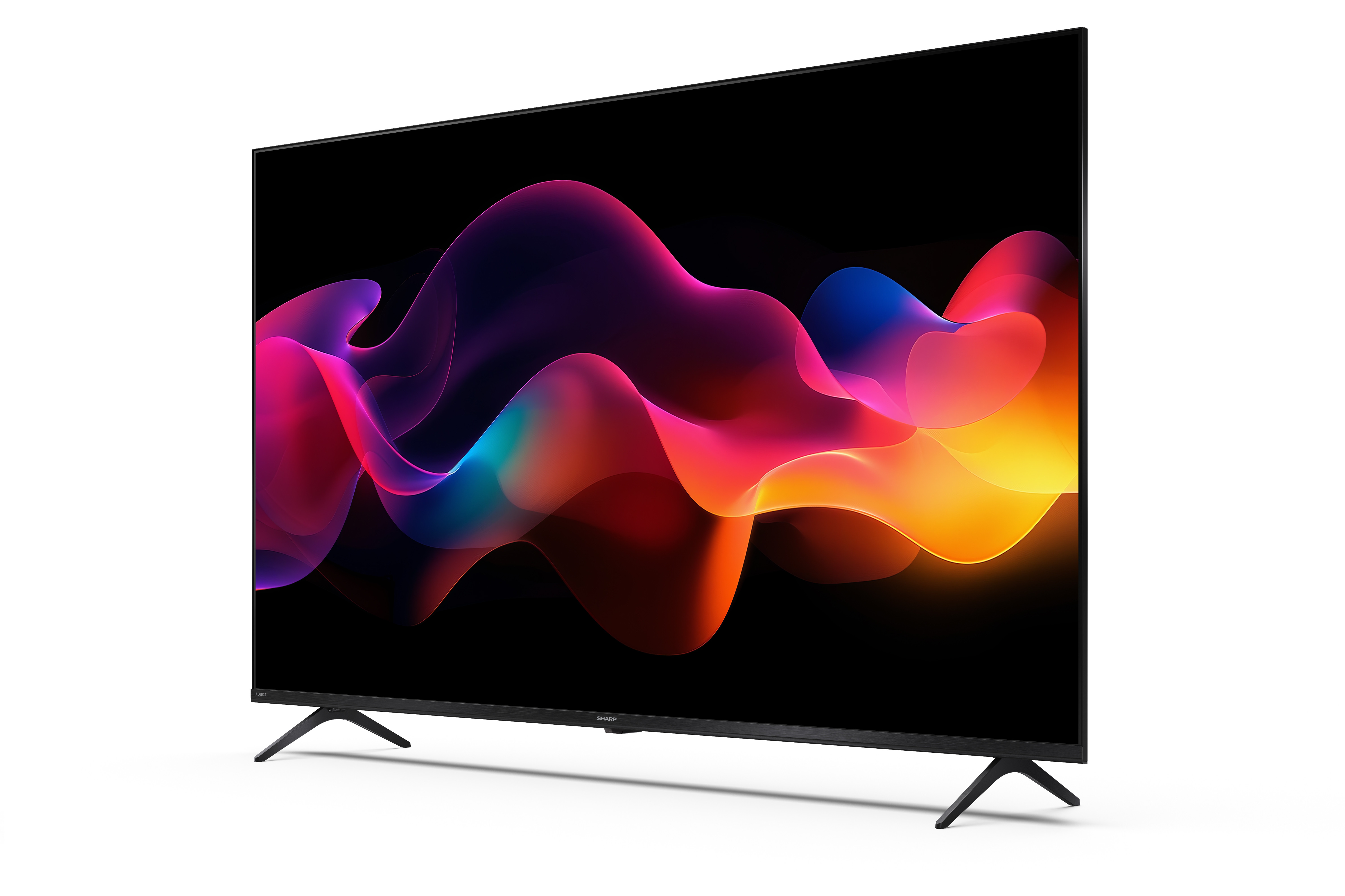 Schwarzer Fernseher mit leuchtenden, bunten Wellenformen auf dem Bildschirm.