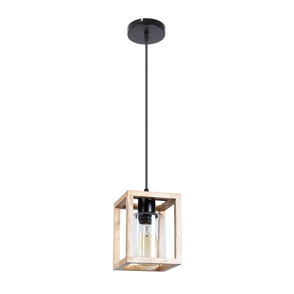 Eine Pendelleuchte mit Holzkäfig, Glaszylinder und sichtbarer Glühbirne.