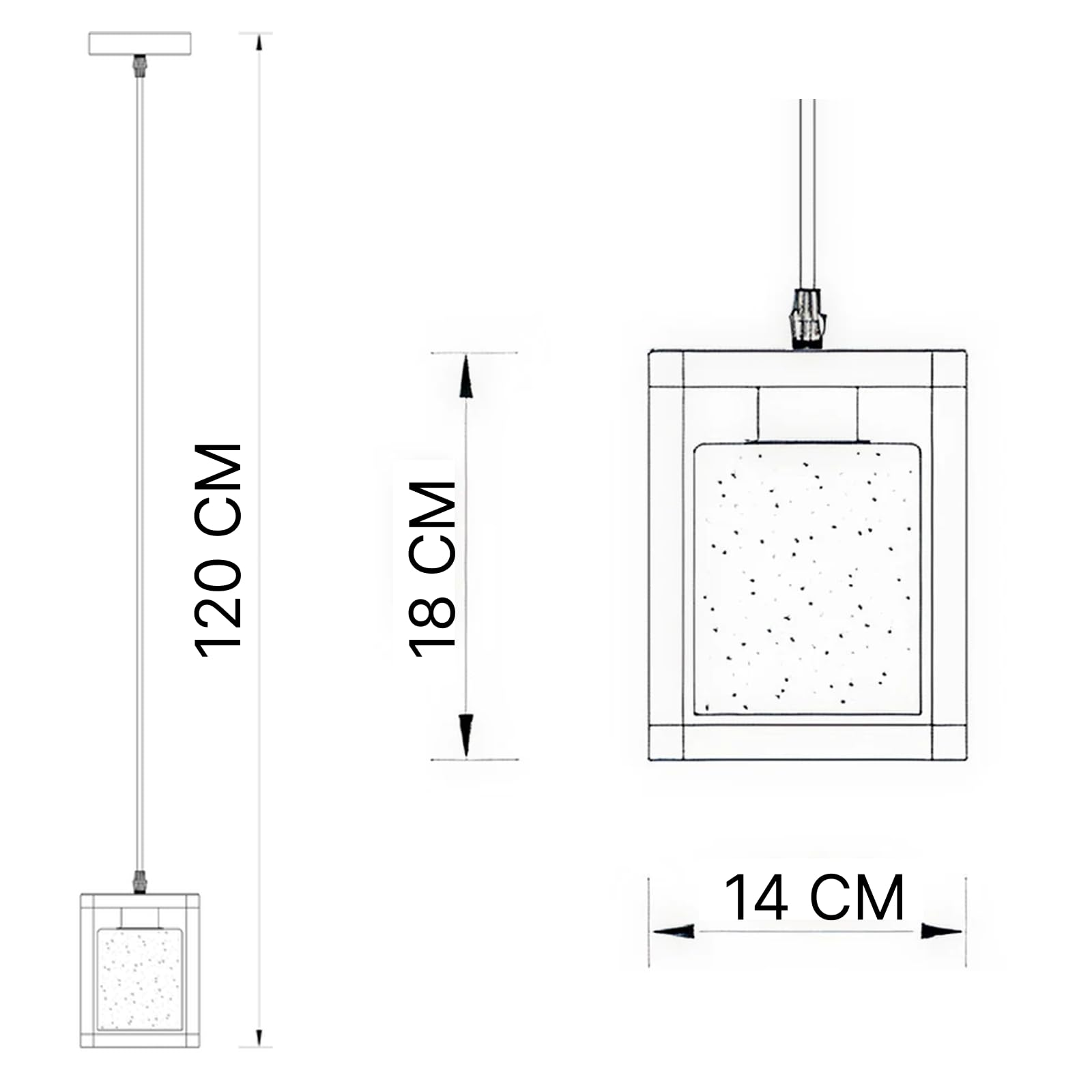 Technische Zeichnung einer Hängeleuchte mit Maßen: 120 cm Höhe, 18 cm Tiefe, 14 cm Breite.