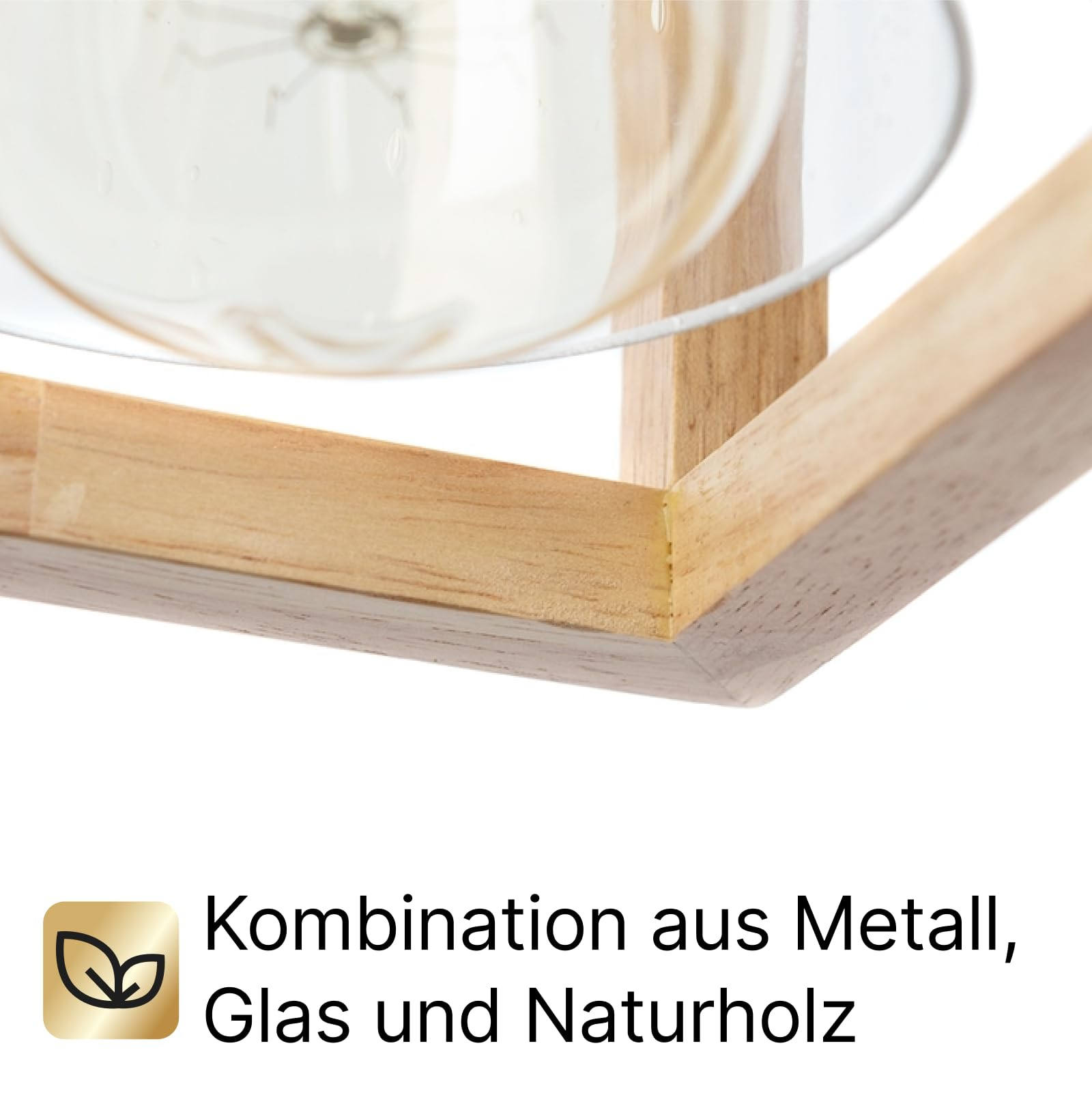 Ein Glasobjekt, gehalten von einem Holzrahmen mit Metallelementen.