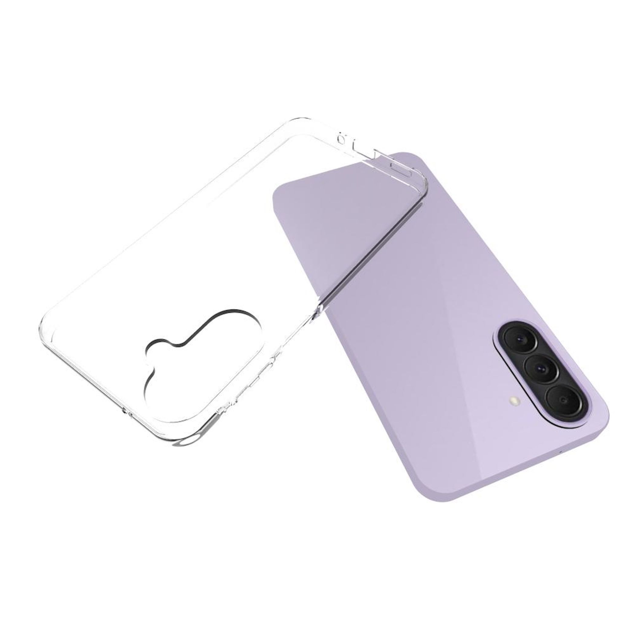 Ein durchsichtiges Handyhülle liegt neben einem lavendelfarbenen Smartphone.