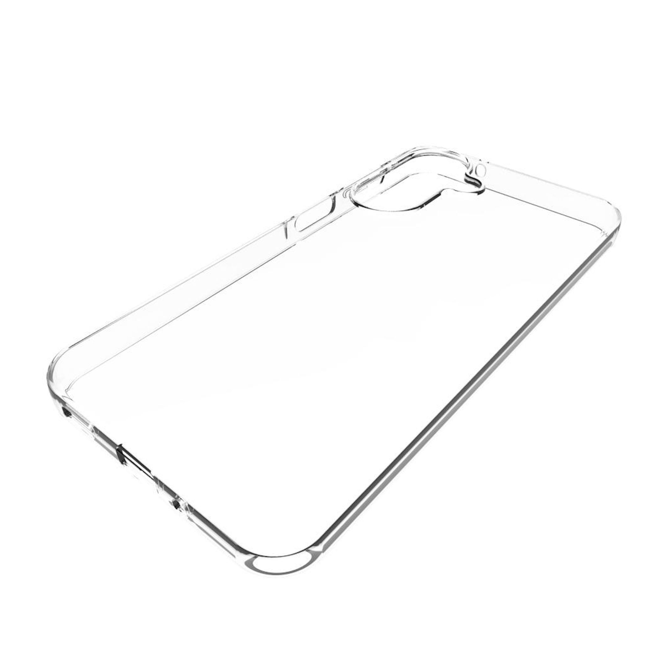 Transparente Handyhülle mit Aussparungen für Kamera und Knöpfe.