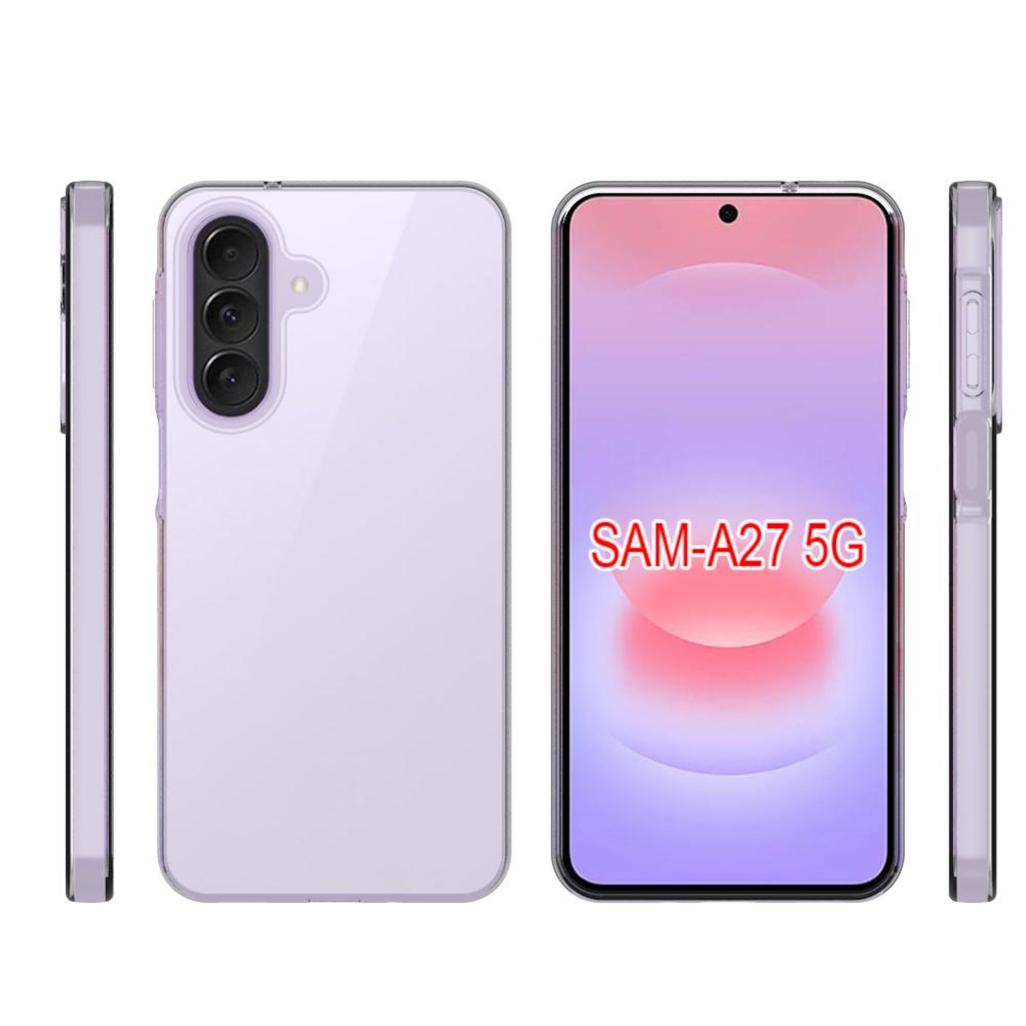 Ein lilafarbenes Smartphone in Schutzhülle, Vorder- und Rückseite sowie Seitenansicht.
