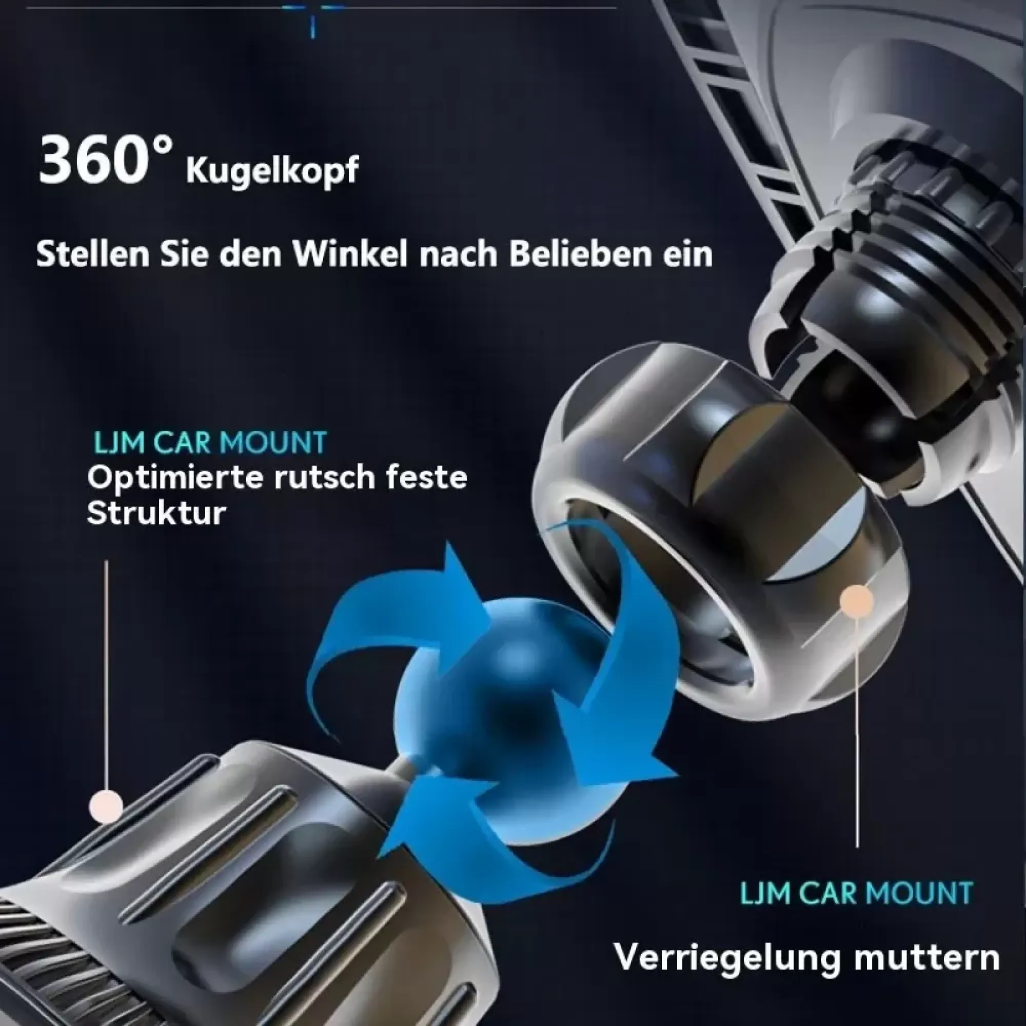 360° Kugelgelenk mit rutschfester Struktur und Verriegelungsmutter.