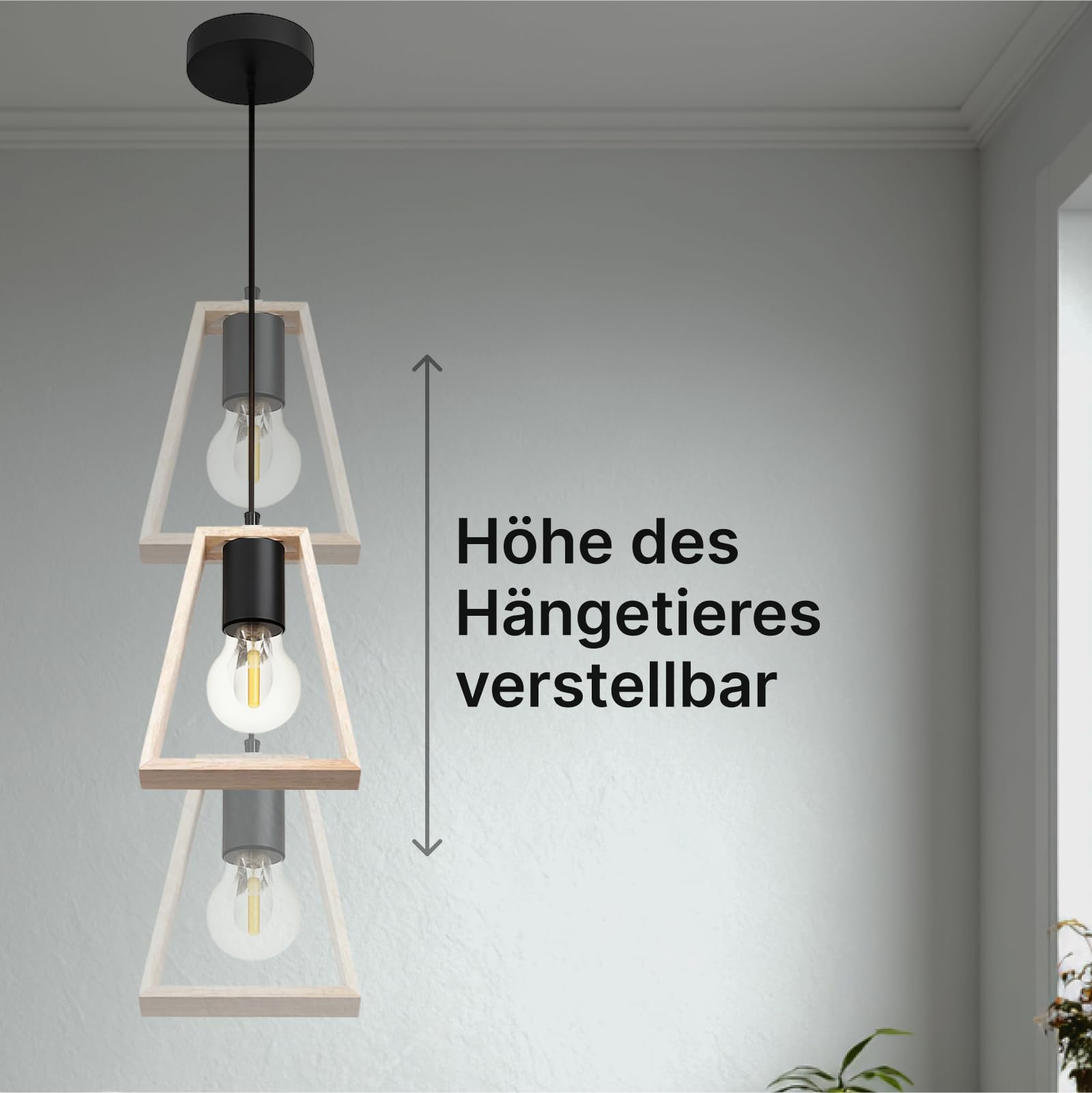 Verstellbare Pendelleuchte mit Holzrahmen und Glühbirnen.