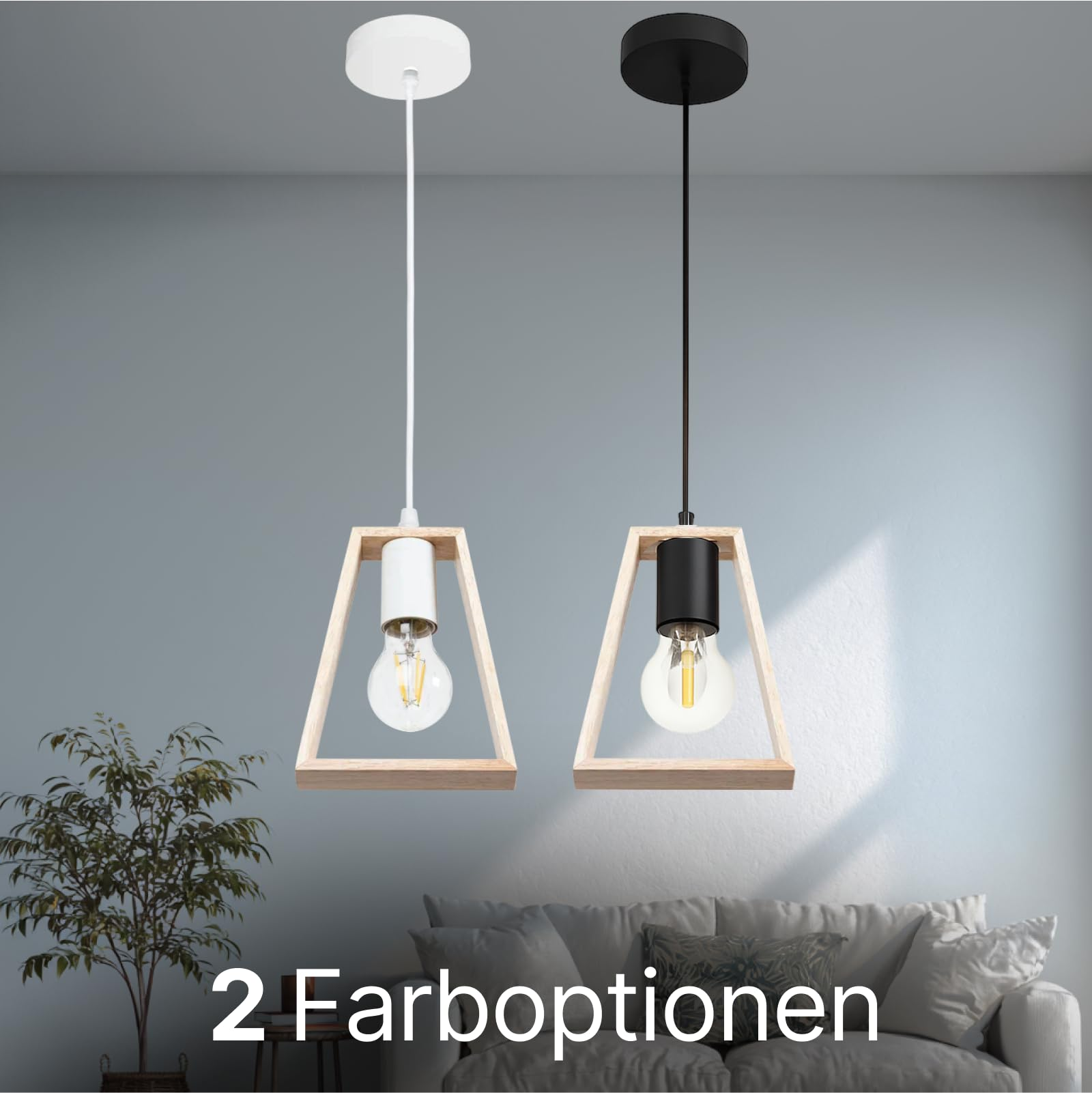 Zwei hängende Lampen mit Holzrahmen, eine weiß, eine schwarz.