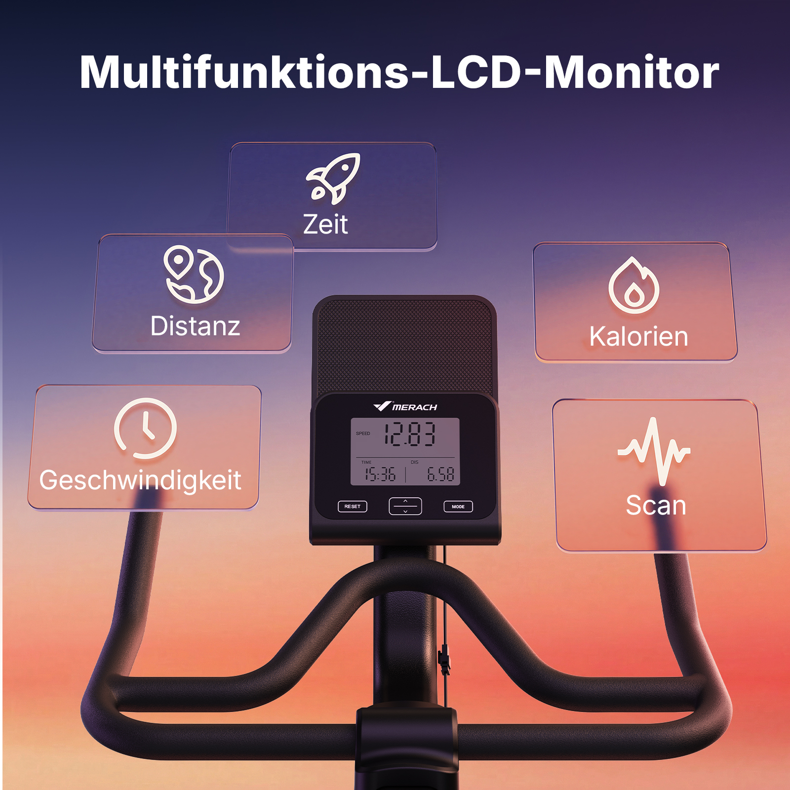 Ein Multifunktions-LCD-Monitor zeigt Zeit, Distanz, Geschwindigkeit, Kalorien und Scan.