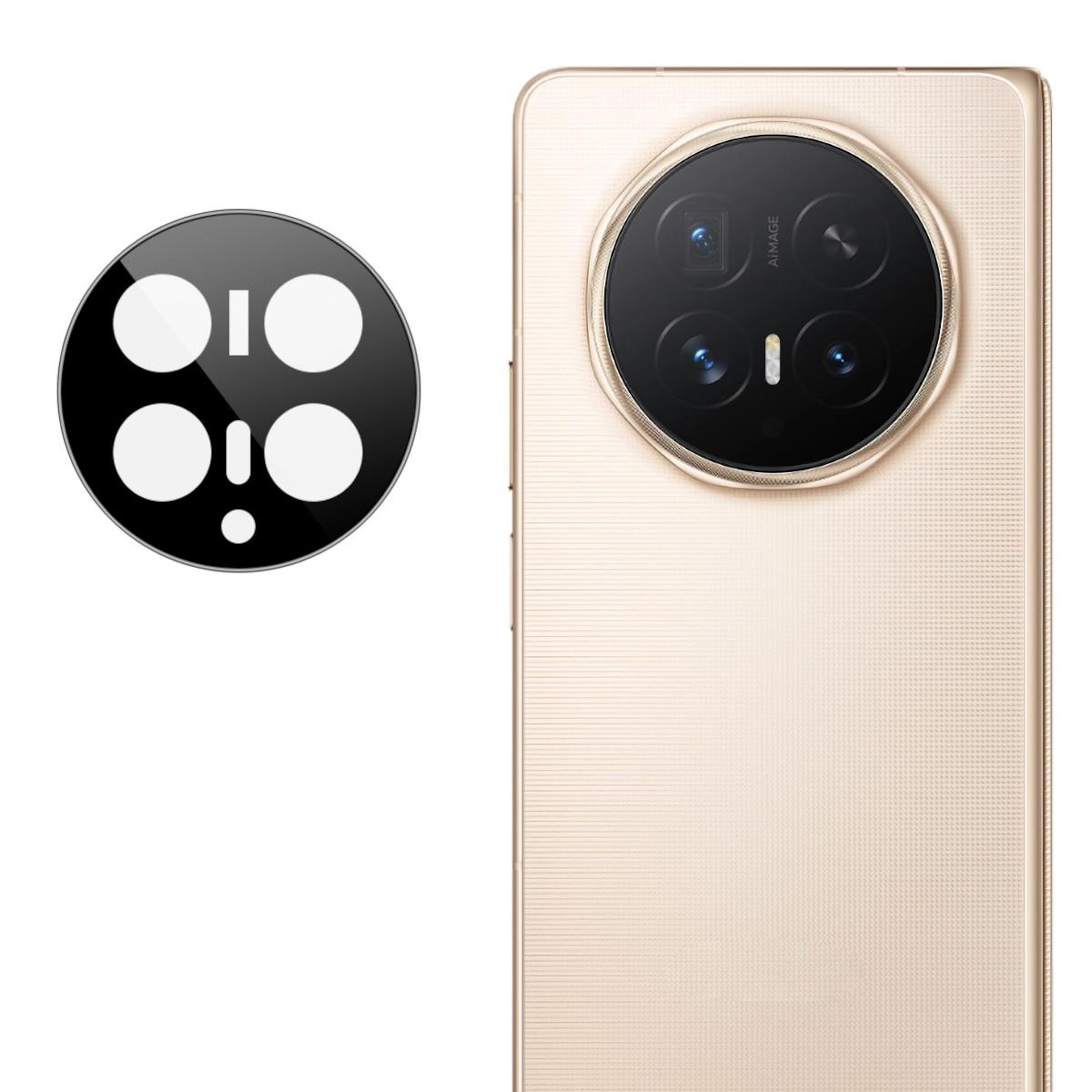 Goldenes Smartphone mit großer Kamera und separatem Linsenschutz.