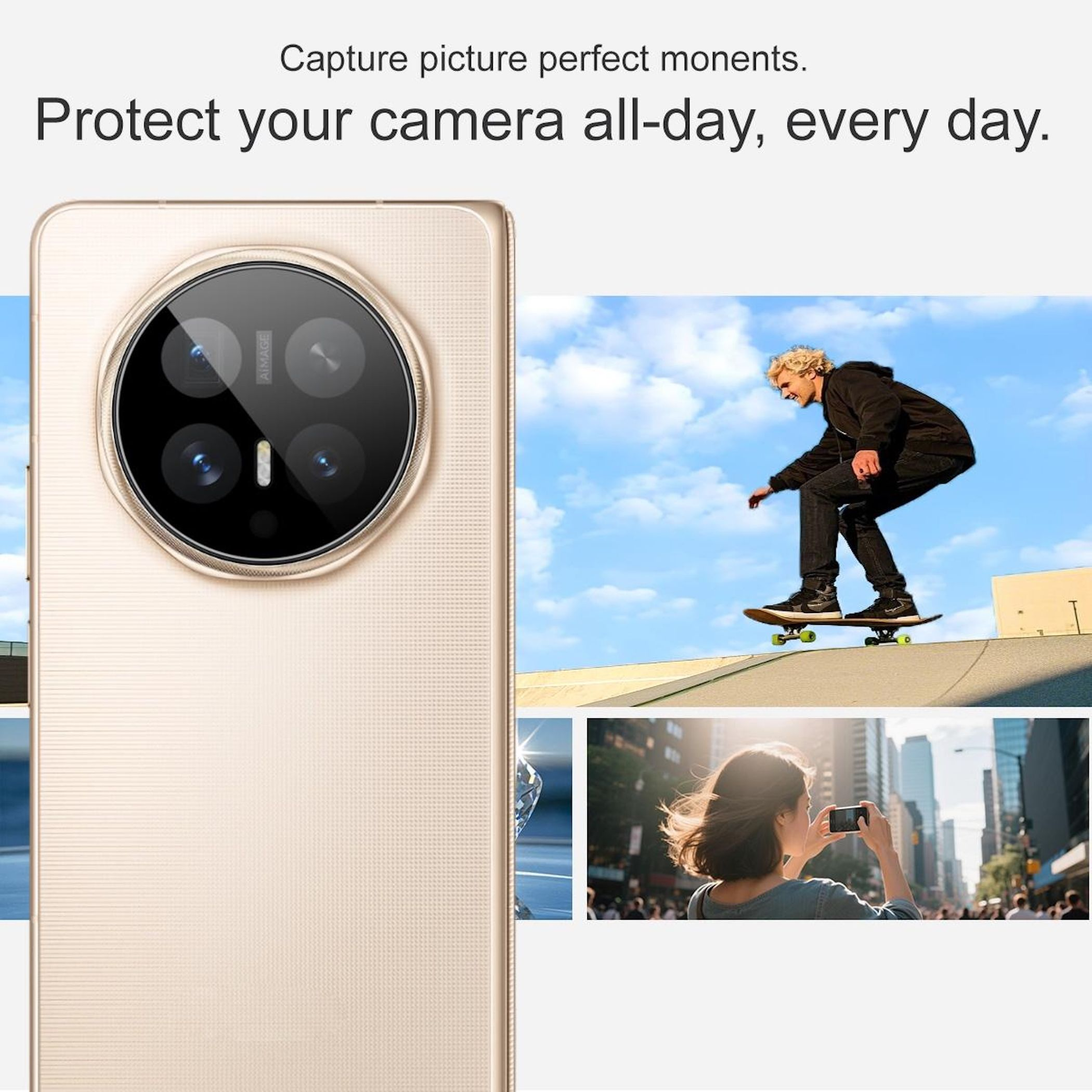 Ein Handy mit drei Kameras, ein Skateboarder und eine Frau, die ein Foto macht.