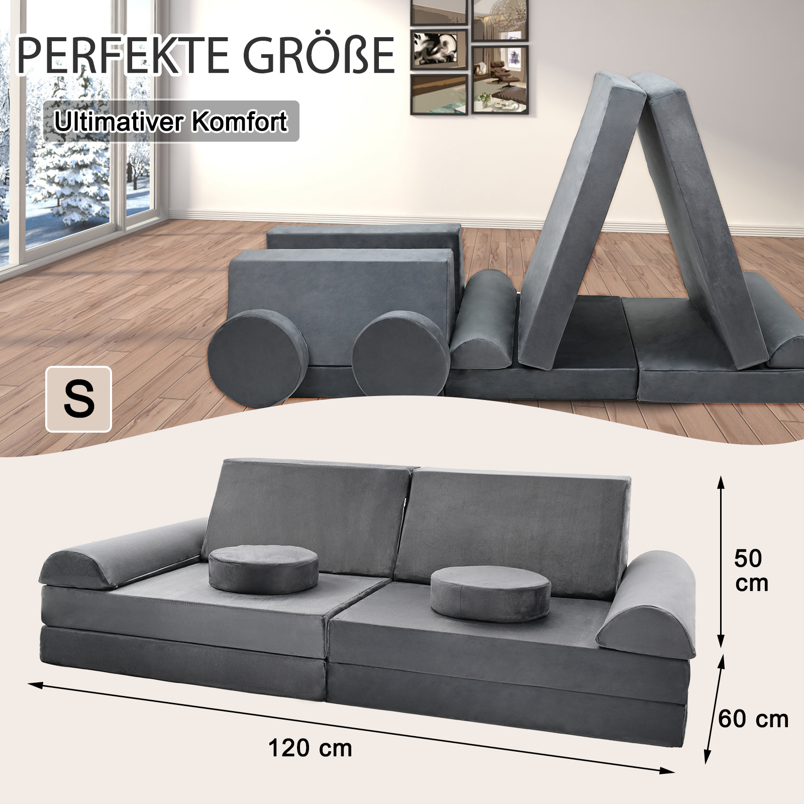 Grauer Modul-Sitzsack in verschiedenen Formen, Maße 120x60x50cm.