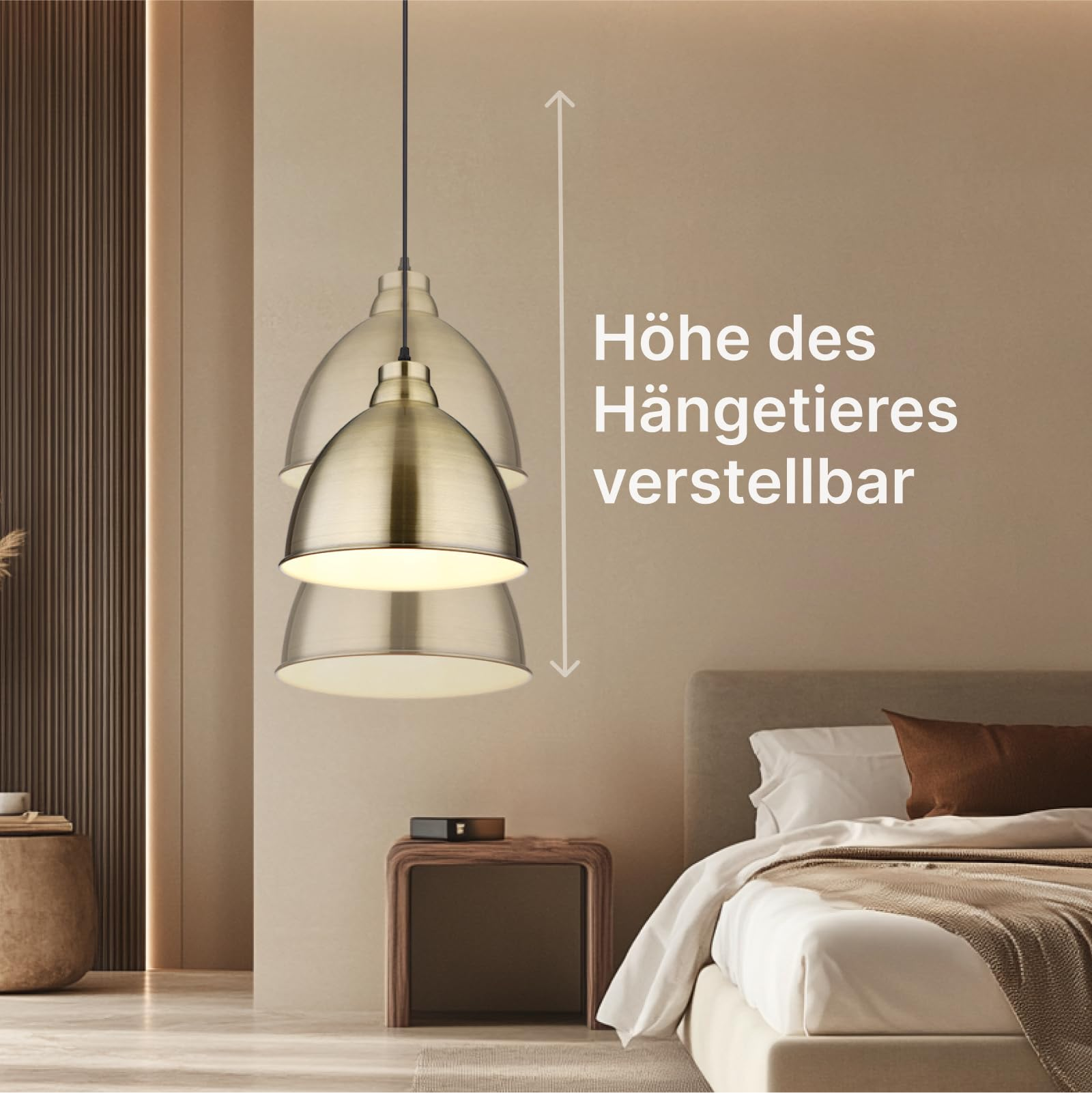 Verstellbare Pendelleuchte über einem Bett und Nachttischen.