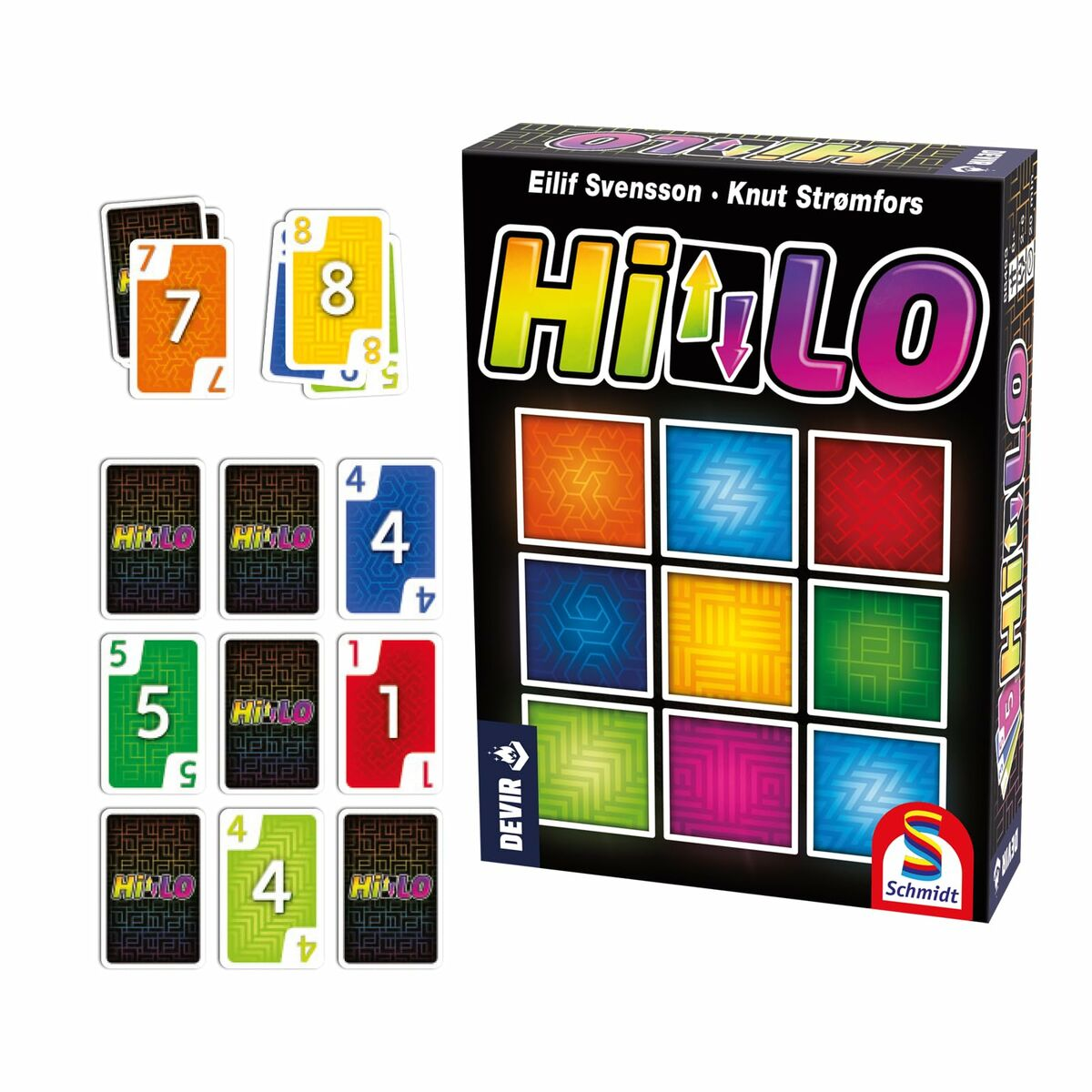 Caja de juego de mesa 'HiLo' de Eilif Svensson y Knut Strømfors, con cartas.