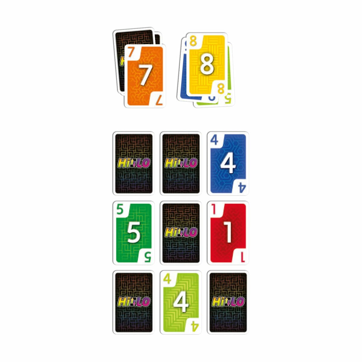 Tarjetas de juego con números 7, 8, 5, 4, 1 y logo HiLo.