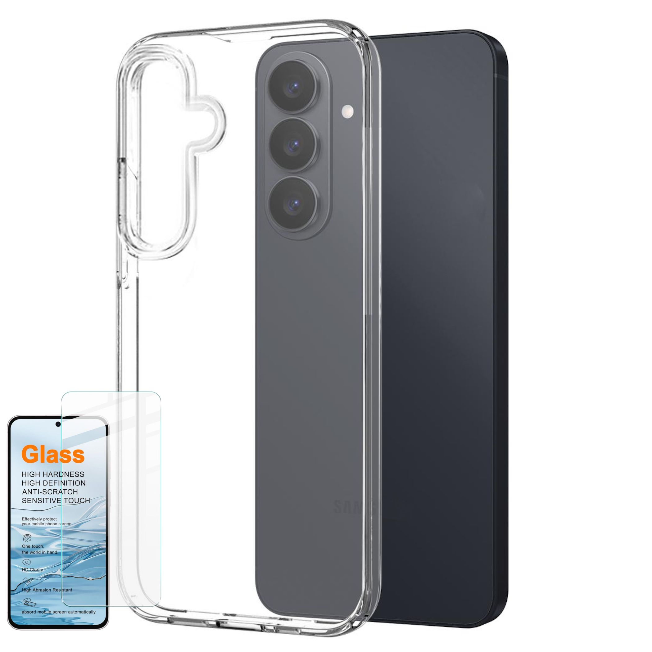 Ein durchsichtiger Handyhülle mit einem Smartphone und Displayschutzfolie.