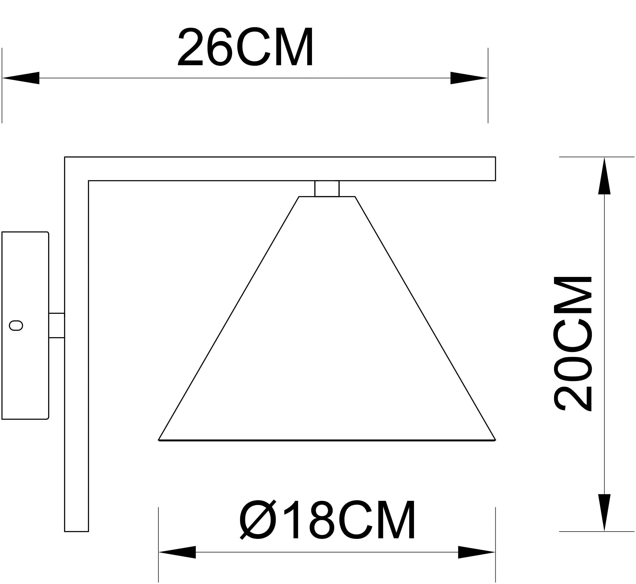 Technische Zeichnung einer Wandleuchte mit Maßen 26cm, 20cm und 18cm Durchmesser.