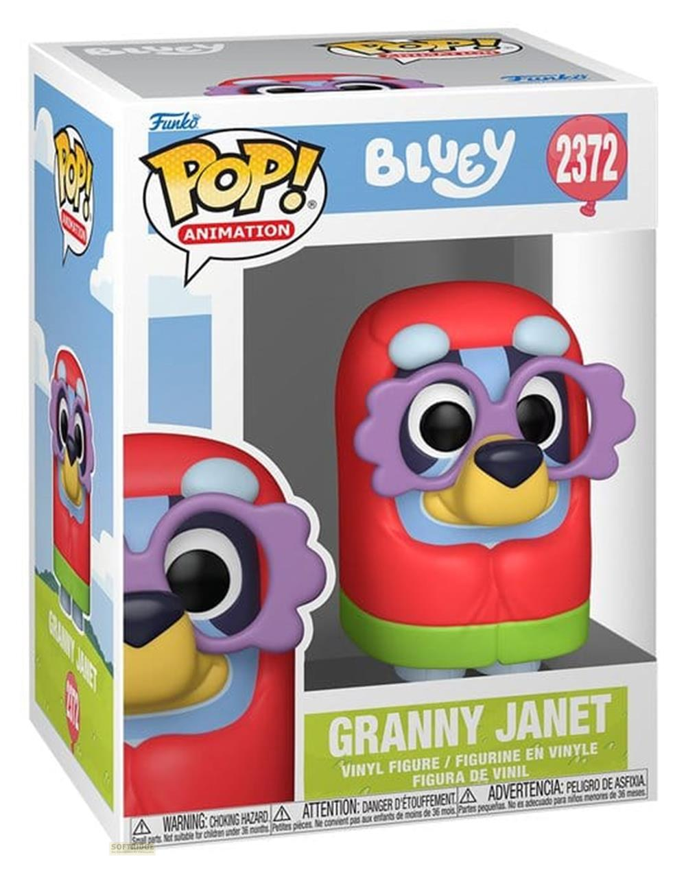 Funko Pop Animation Bluey Figur von Oma Janet, rotes Outfit, lila Brille.