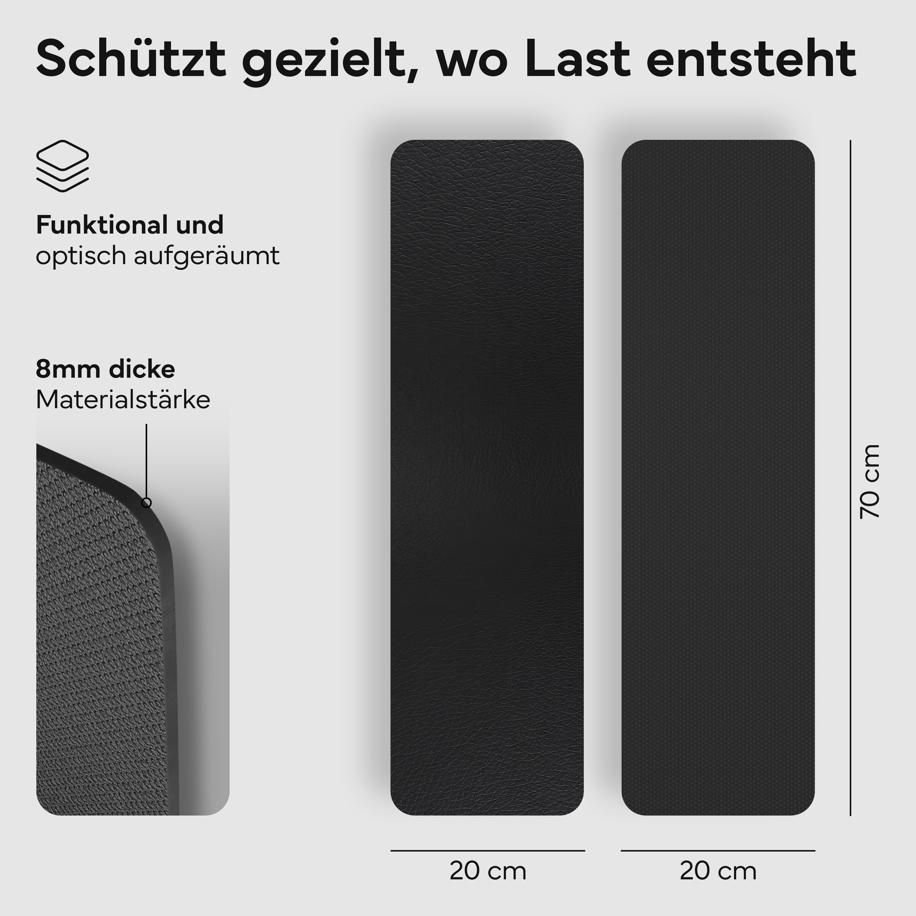 Zwei schwarze 8mm dicke Matten, 70x20cm, mit texturierter Oberfläche.
