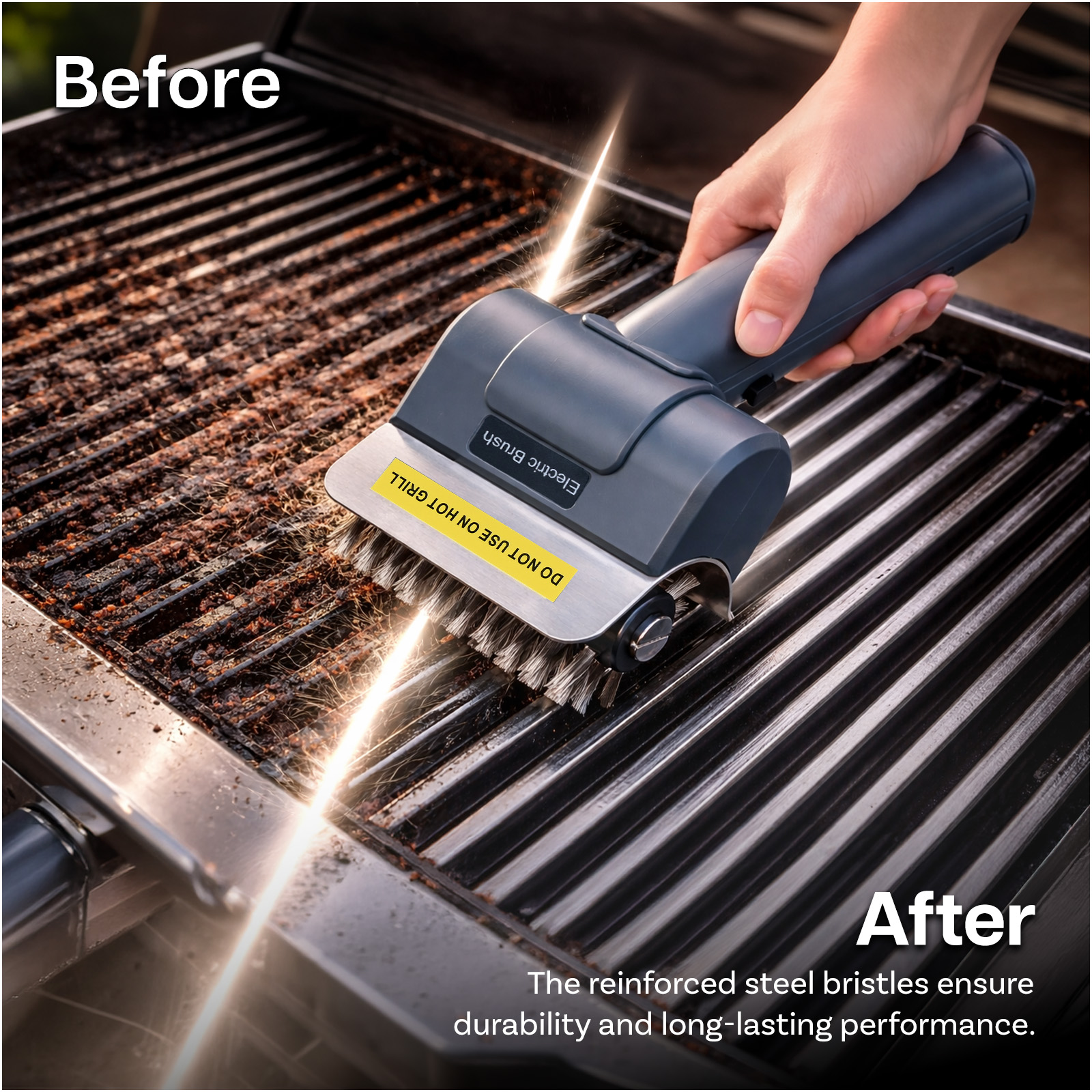 Eine Hand benutzt eine elektrische Grillbürste, um eine schmutzige Grillfläche zu reinigen.