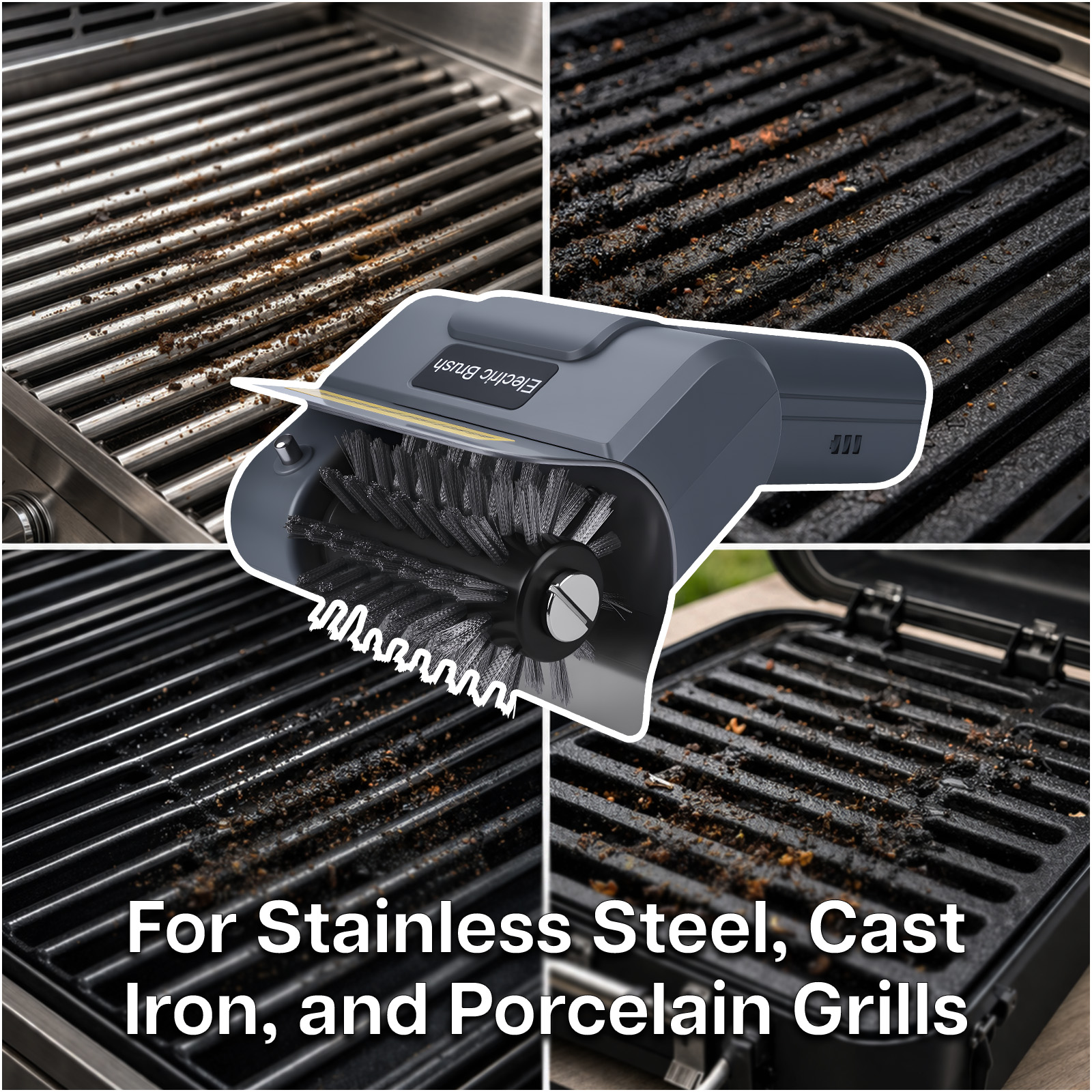 Ein elektrischer Grillbürstenkopf wird gezeigt, der auf schmutzigen Grillrosten verwendet wird.
