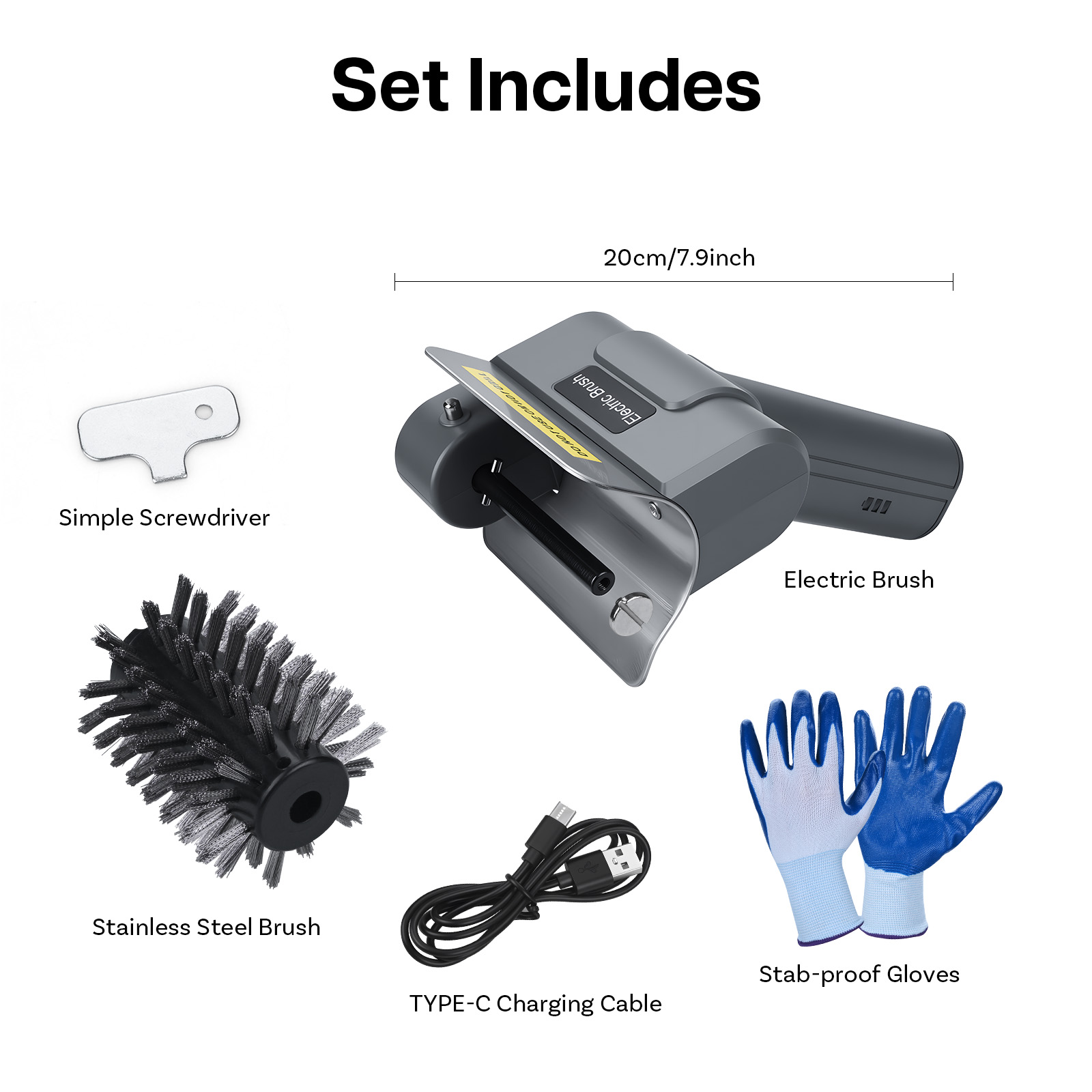 Set mit einem elektrischen Bürstenaufsatz, Schraubendreher, Bürsten, Handschuhen und Kabel.