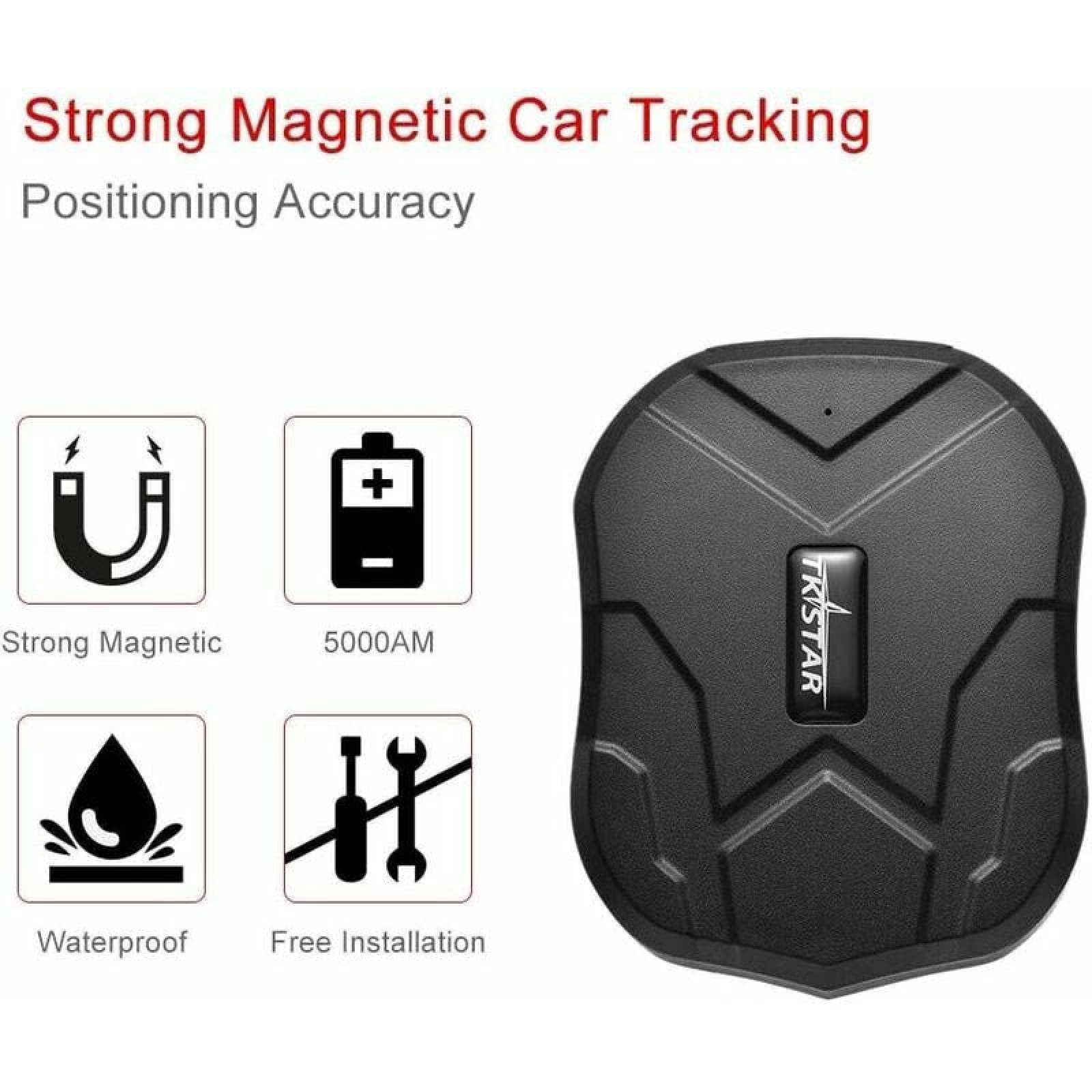 Schwarzer GPS-Tracker mit Symbolen für Magnet, Batterie, Wassertropfen und Werkzeug.