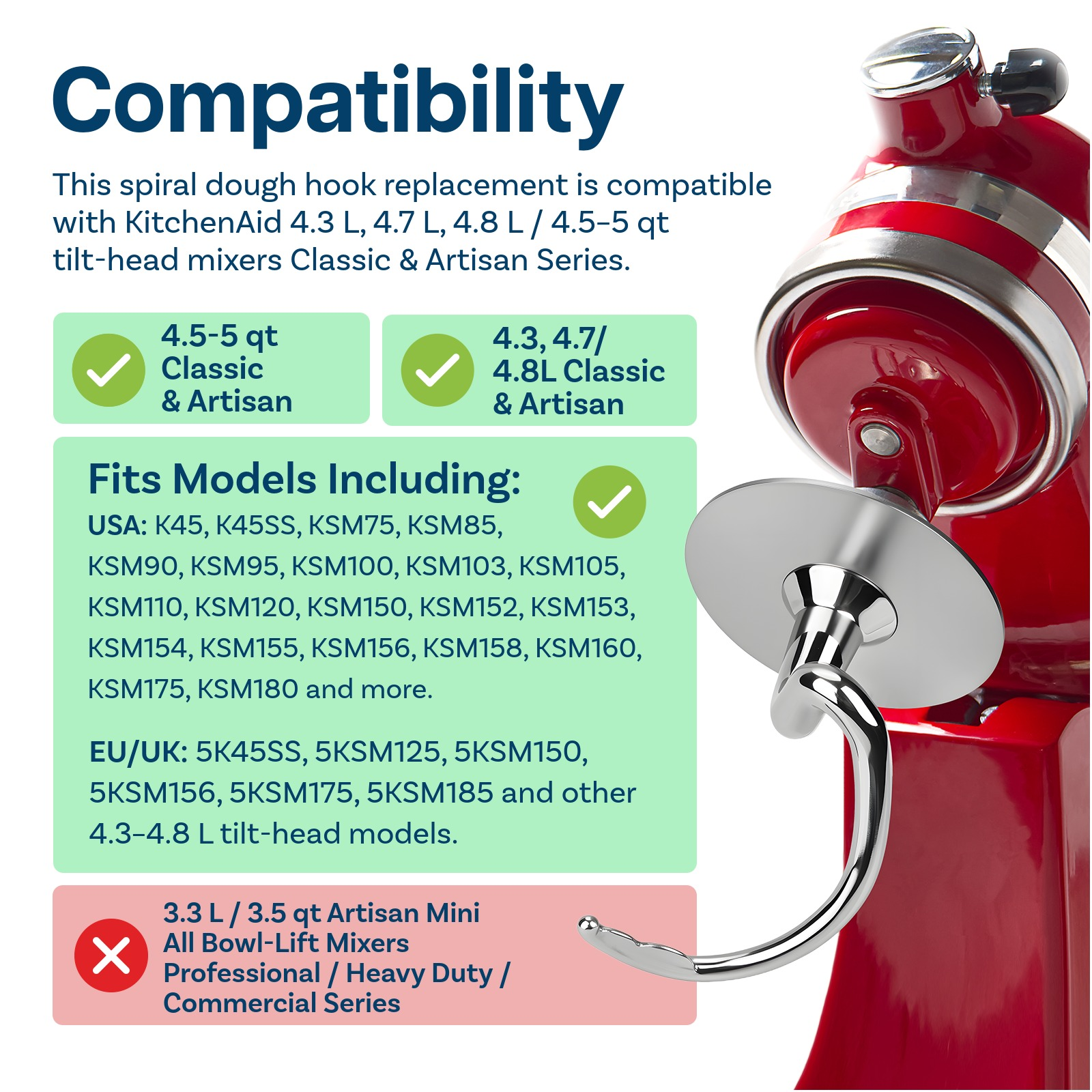 Kompatibilität für KitchenAid-Mixer mit Spiral-Knethaken. Roter Mixer im Hintergrund.