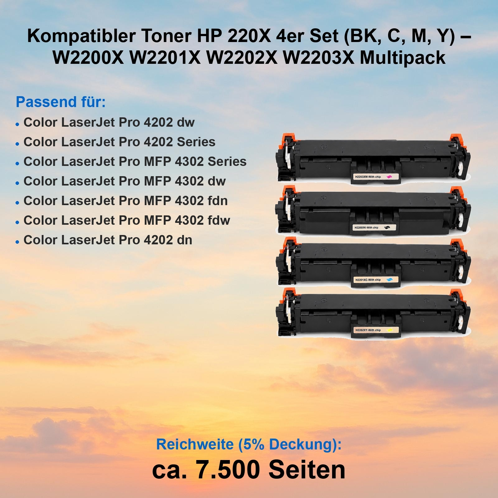 Vier HP 220X Tonerkartuschen (Schwarz, Cyan, Magenta, Gelb) für Drucker.